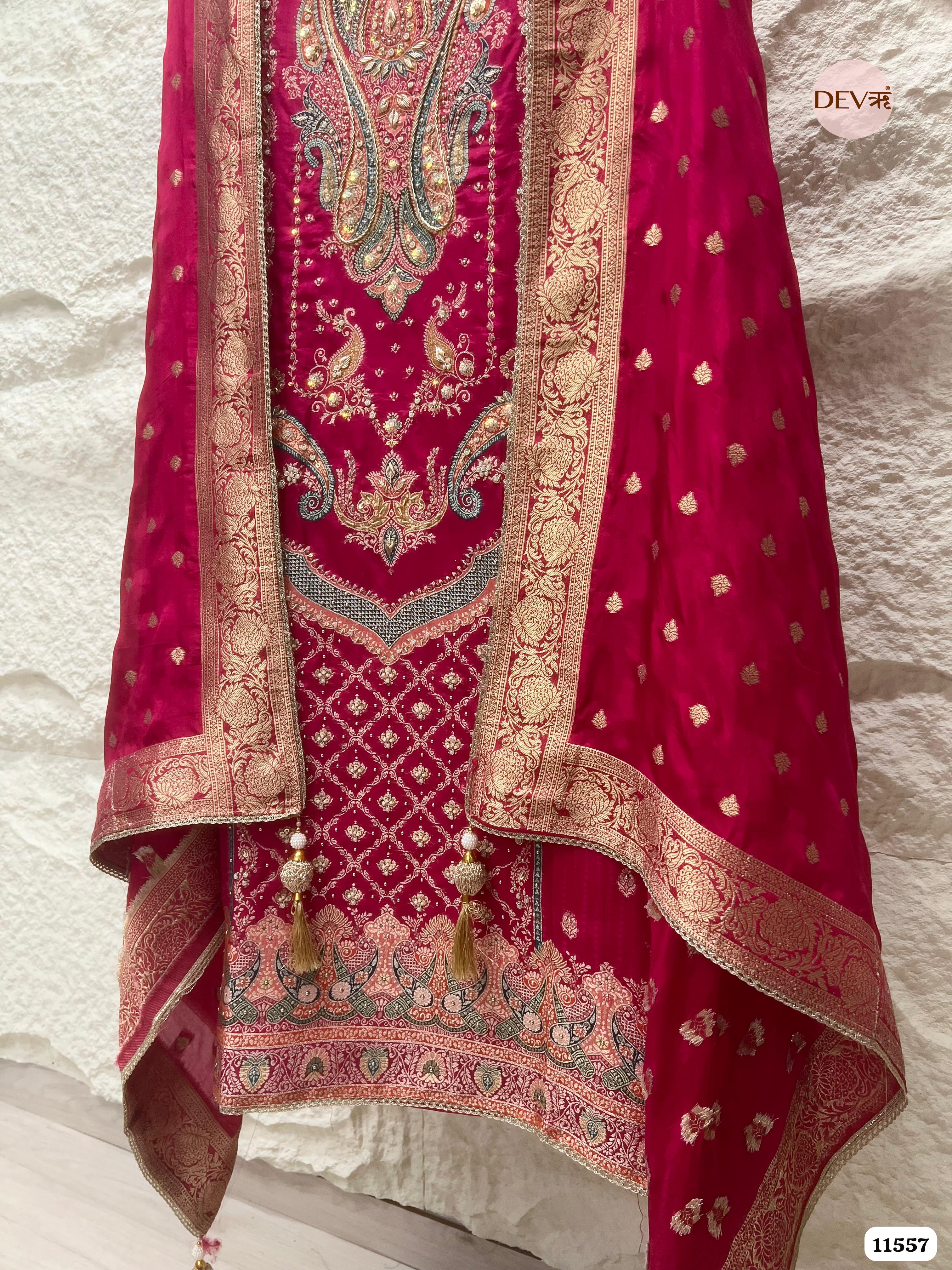 Rani Pink Pure Dola Silk Unstitched Hand Embroidered Banarasi Weave -Set Of 3 {11557}
