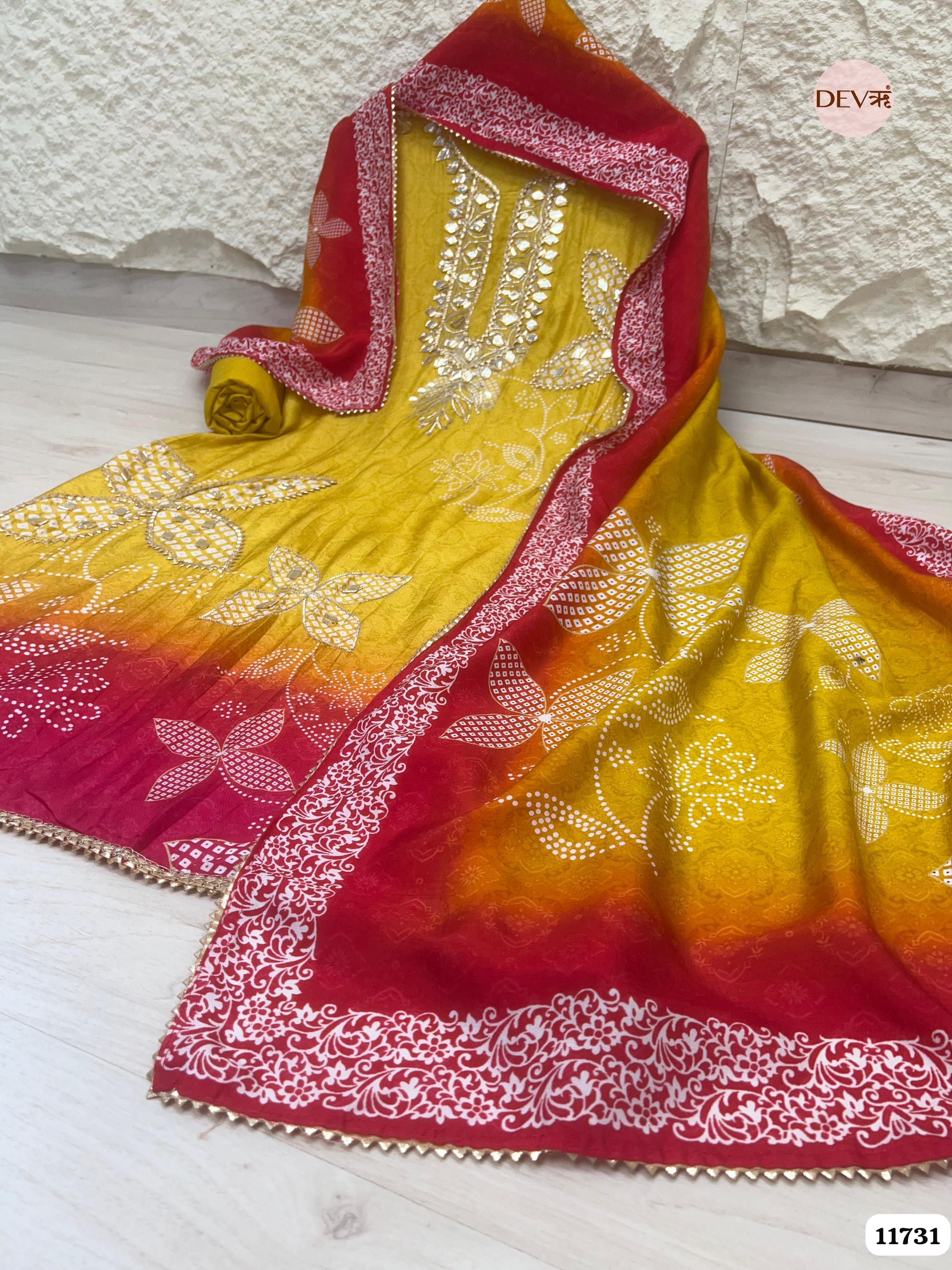 Yellow Russian Silk Semi Stitched Printed Hand Embroidered -Set Of 3- {11731}