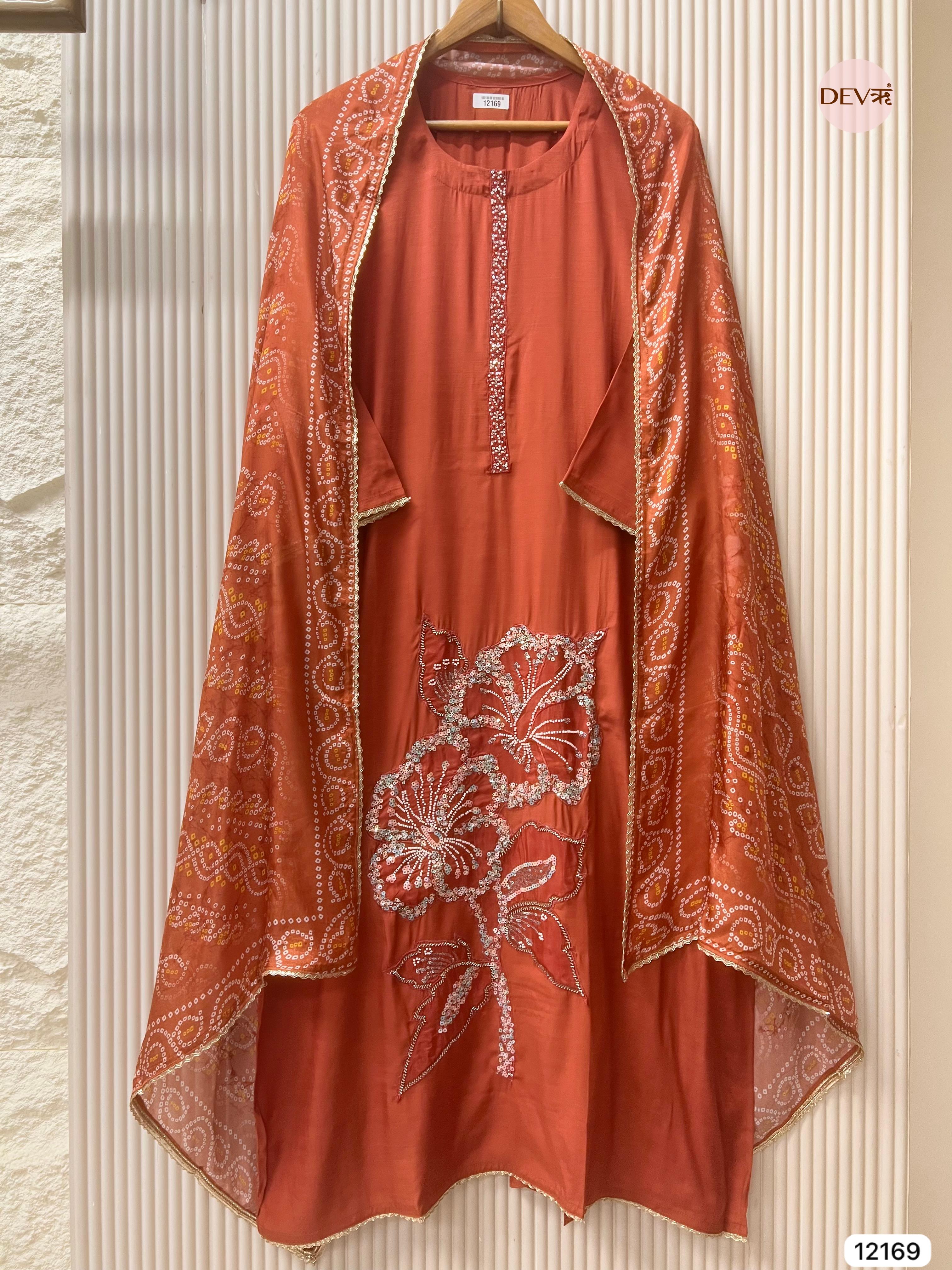 Rust Pure Russian Silk Semi Stitched Hand Embroidered -Set Of 3 - {12169}