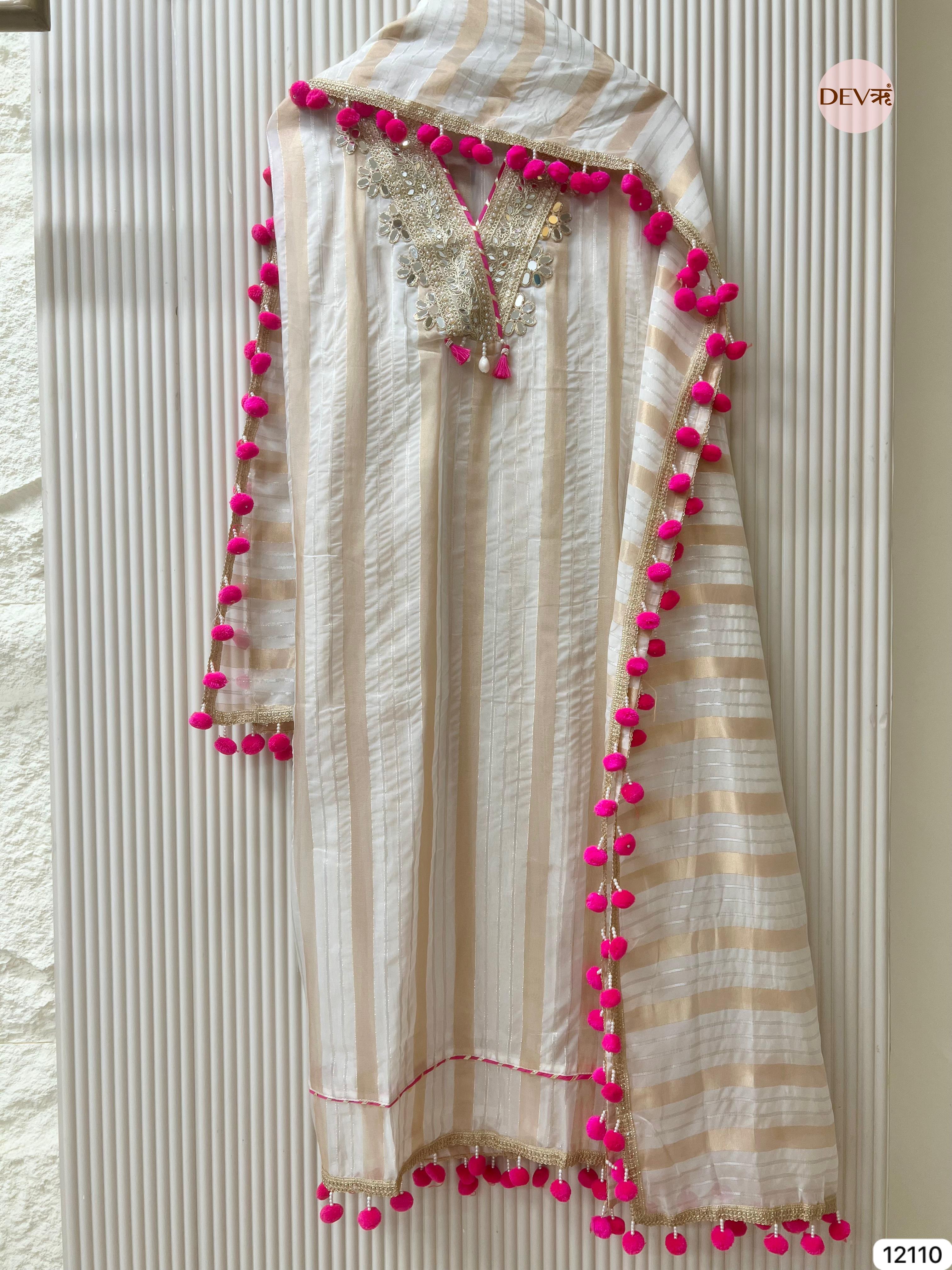 Cream Colour Tissue Shimmer Silk Unstitched Hand Embroidered -Set Of 3 - {12110}