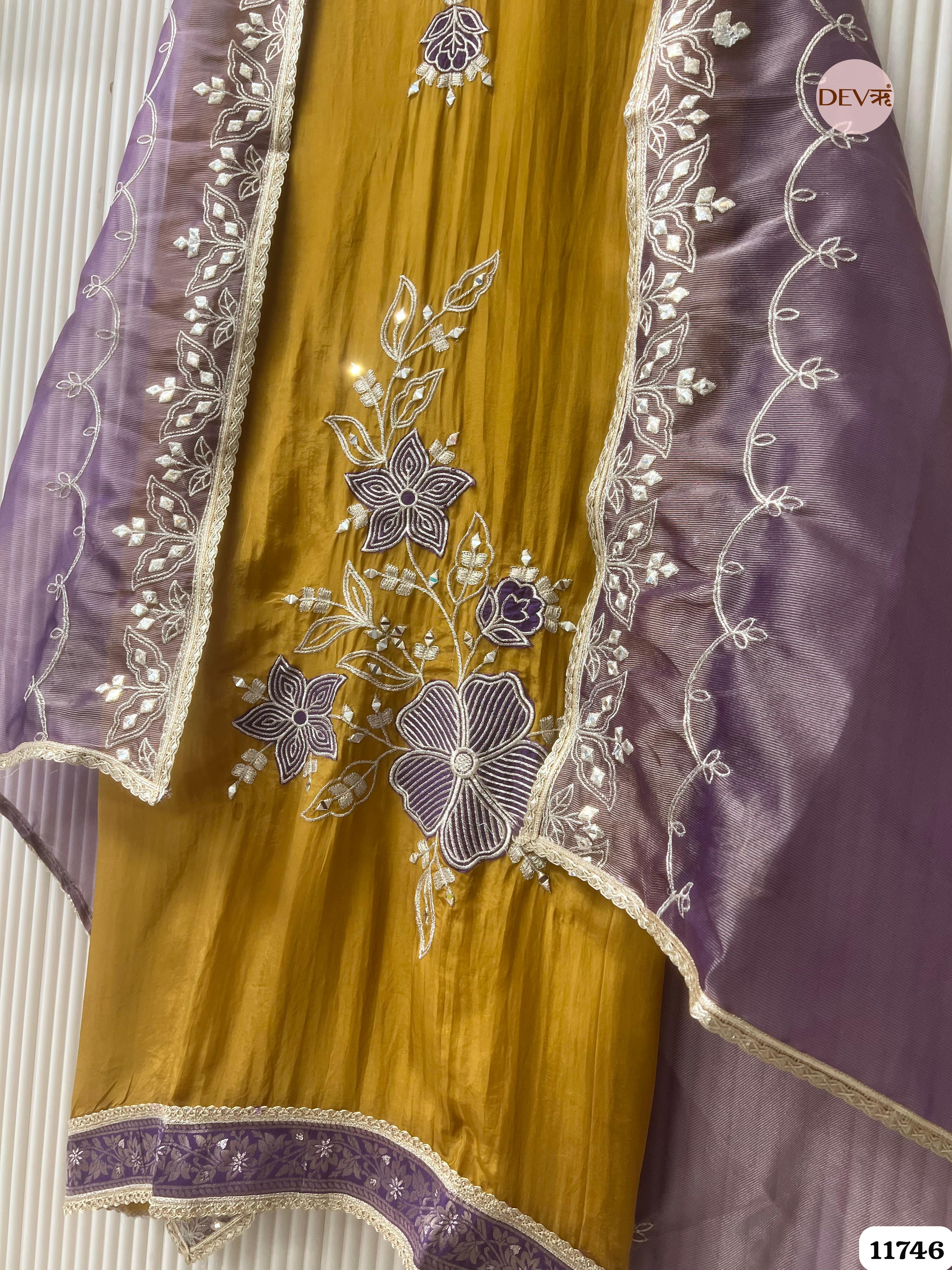Golden Tissue Glass Silk Unstitched Hand Embroidered -Set Of 3 {11746}