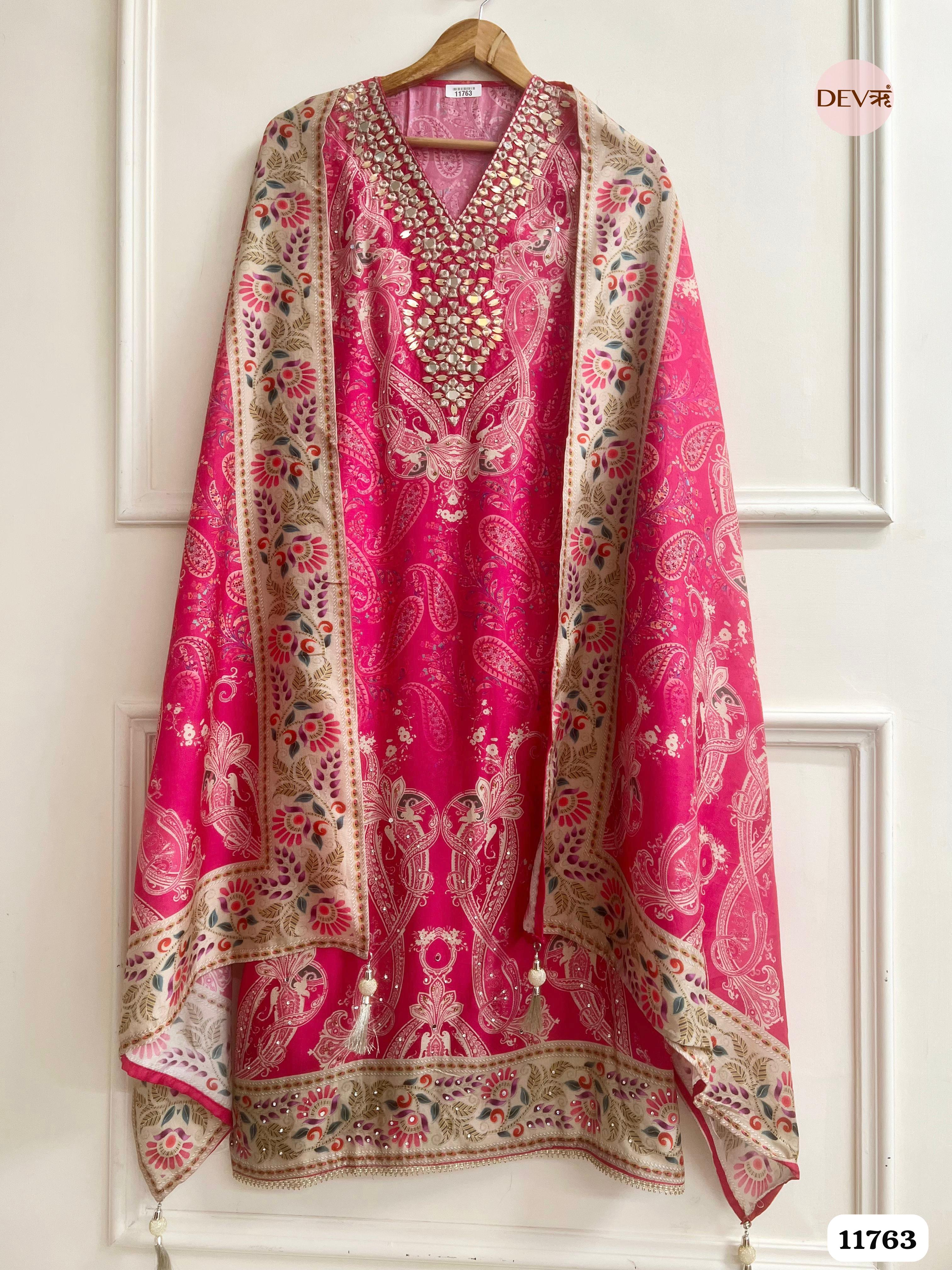 Pink Russian Silk Unstitched Hand Embroidered -Set Of 3 {11763}
