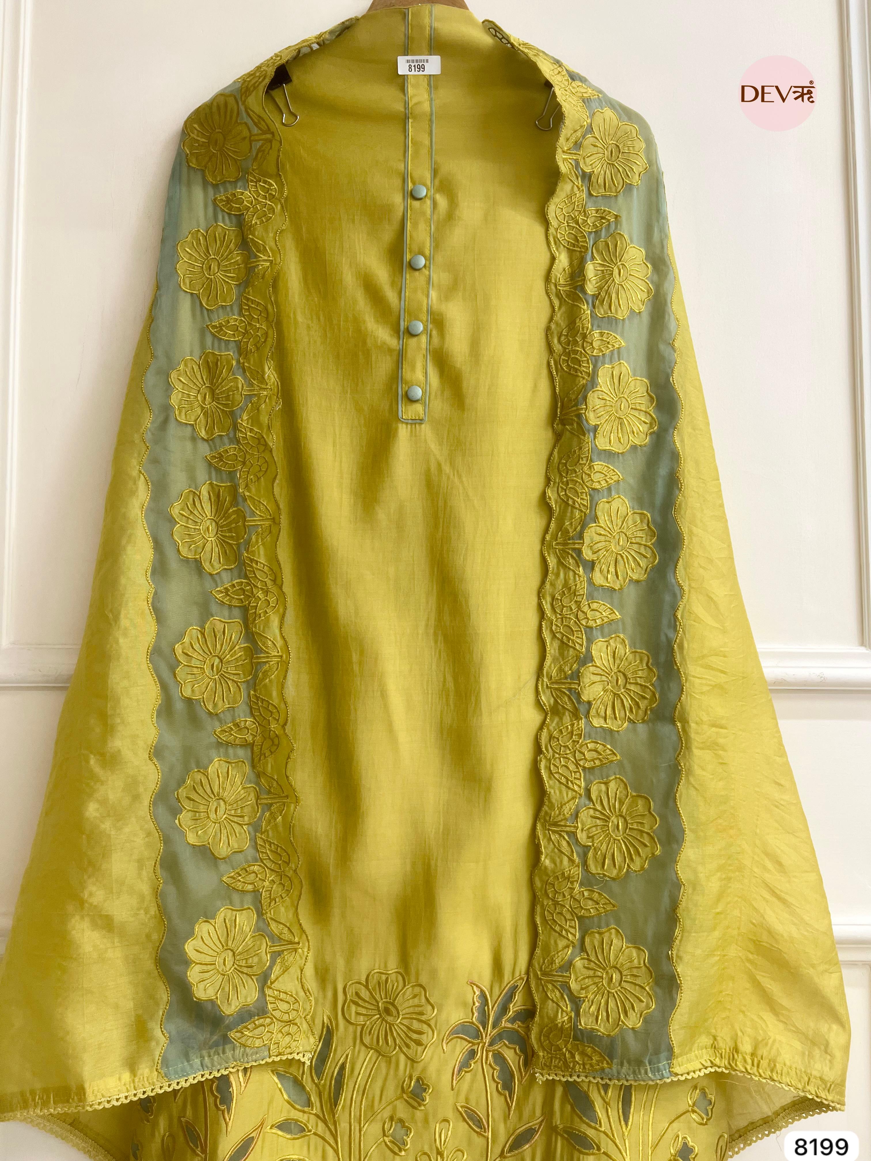 Yellow Modal Silk Unstitched Embroidered -Set Of 3 - {8199}