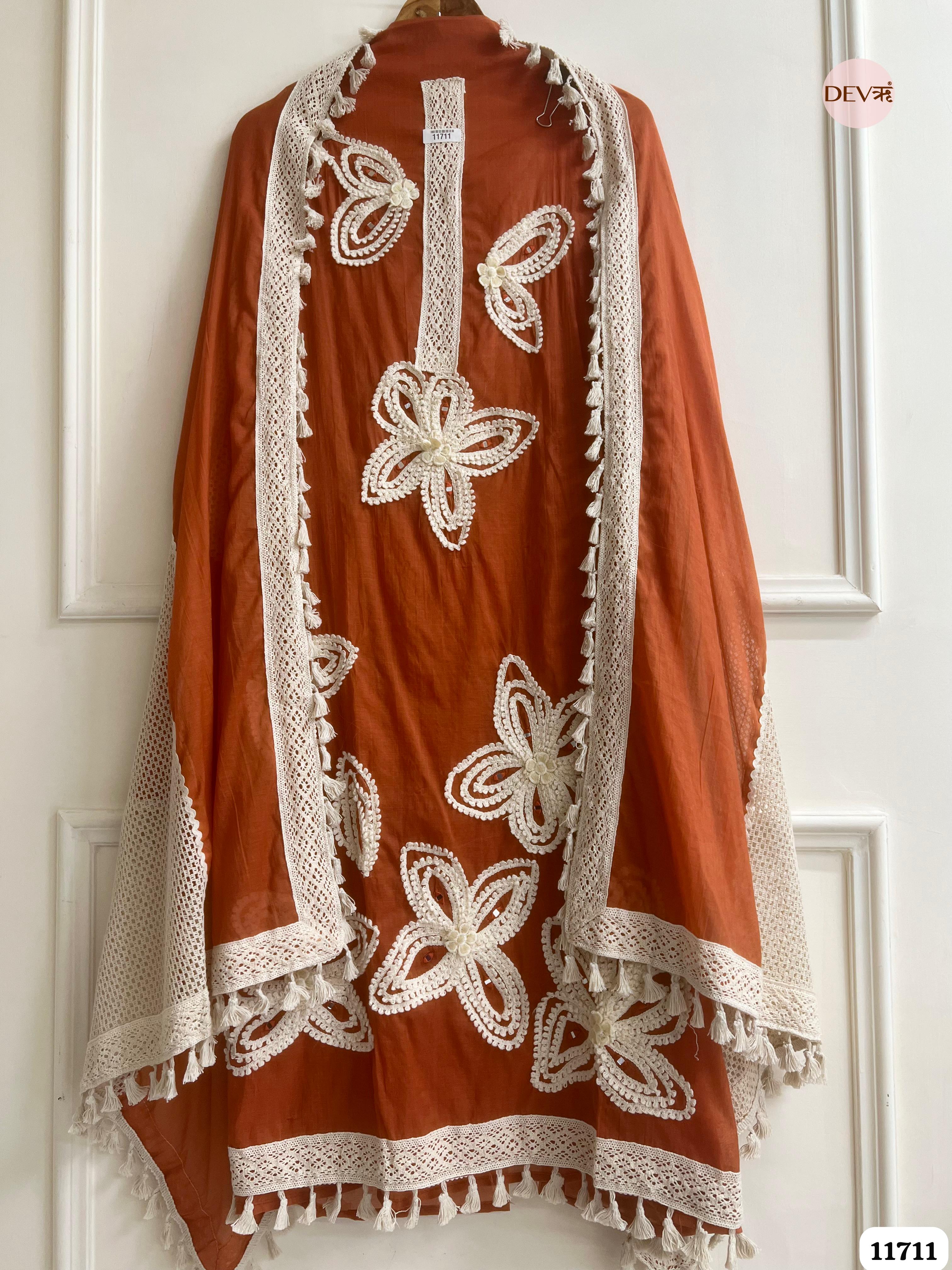 Rust Mul Chanderi Unstitched Hand Embroidered -Set Of 3 {11711}