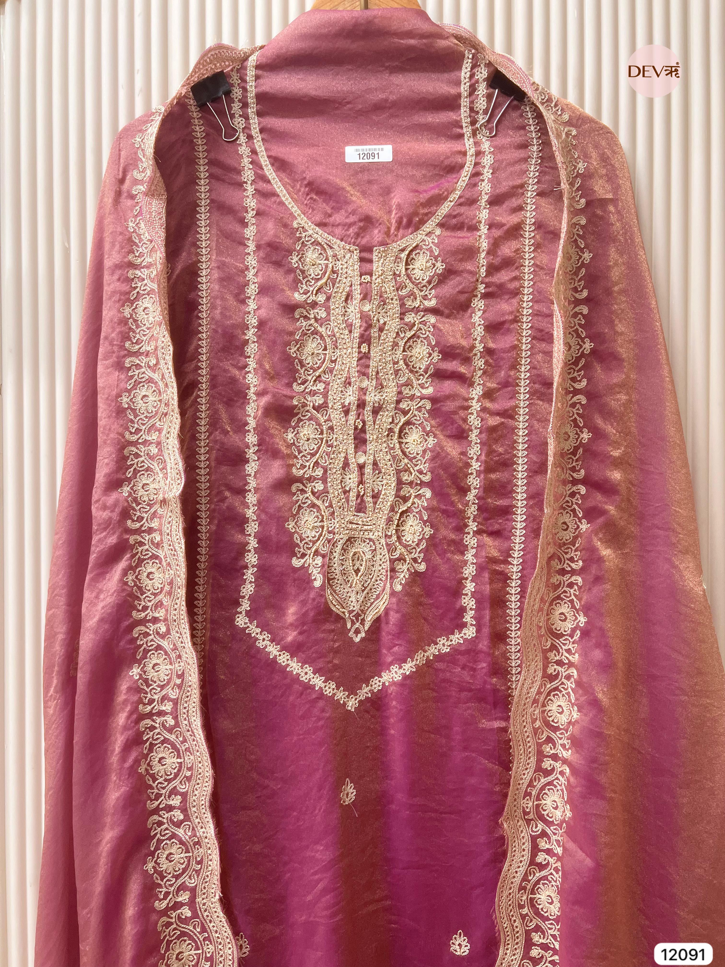 Purple Tissue Crush Silk Unstitched Embroidered -Set Of 3 - {12091}