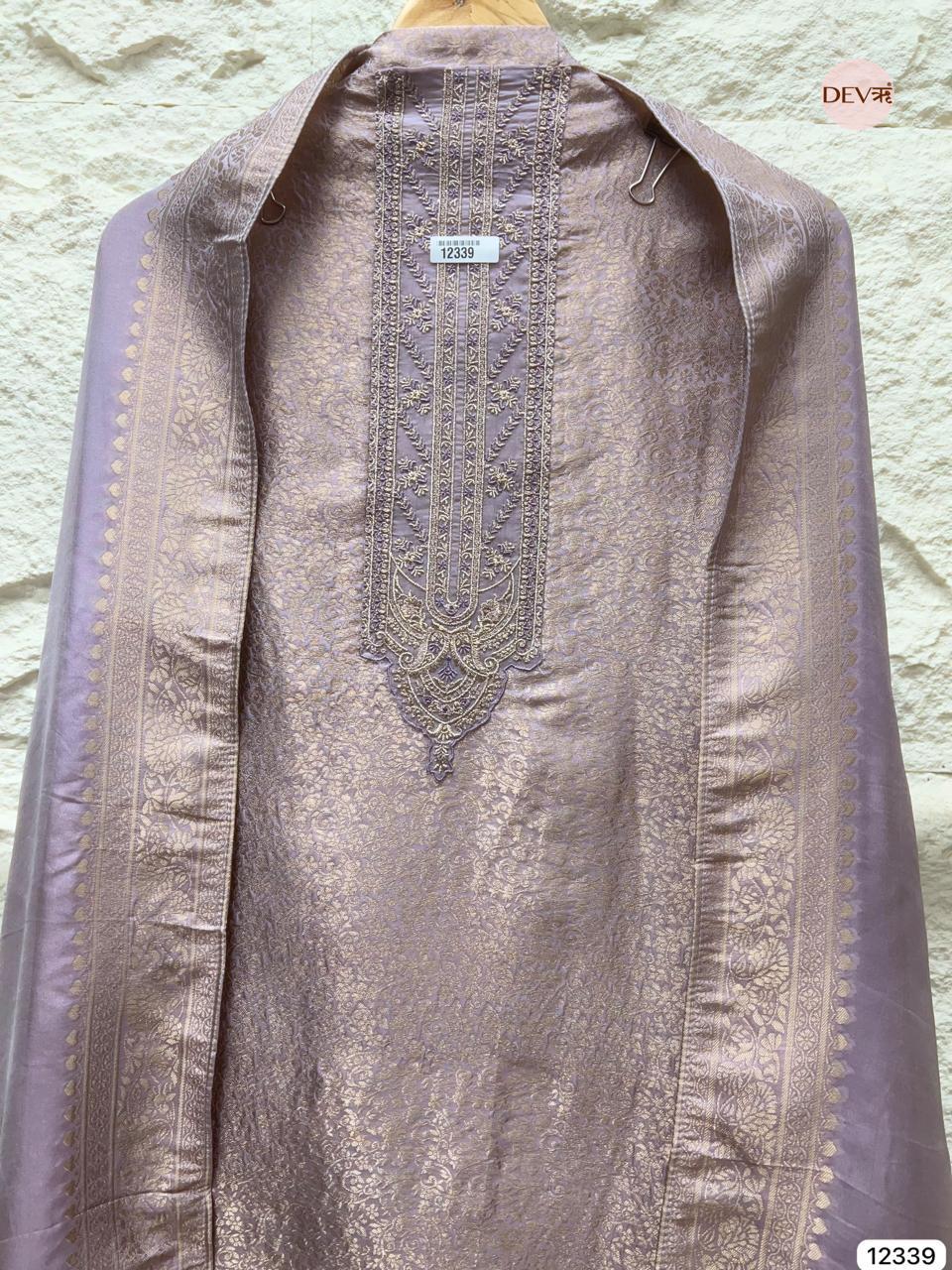 Lavender Mauve Pure Banarasi Silk Embroidered Unstitched 3-Piece Suit (Devri – D.No 12339)