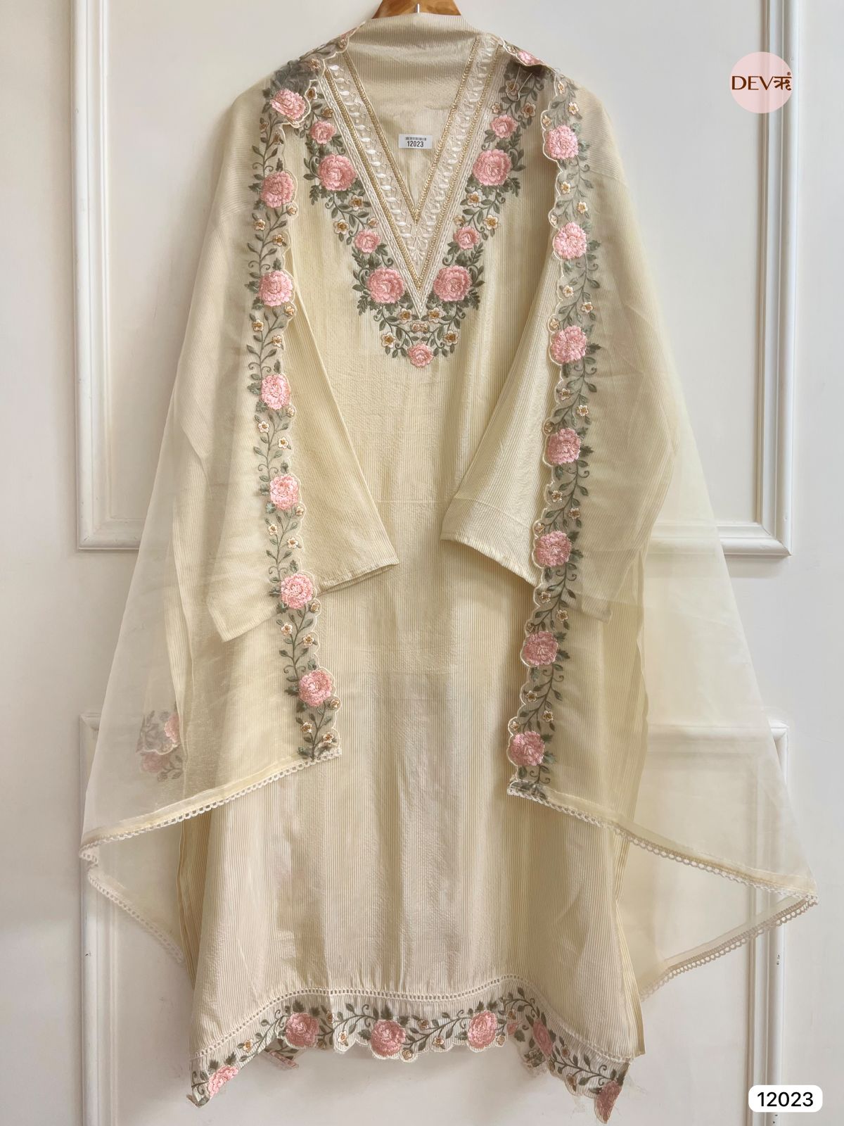 Off White Tissue Shimmer Silk Semi Stitched Embroidered -Set Of 3 - {12023}