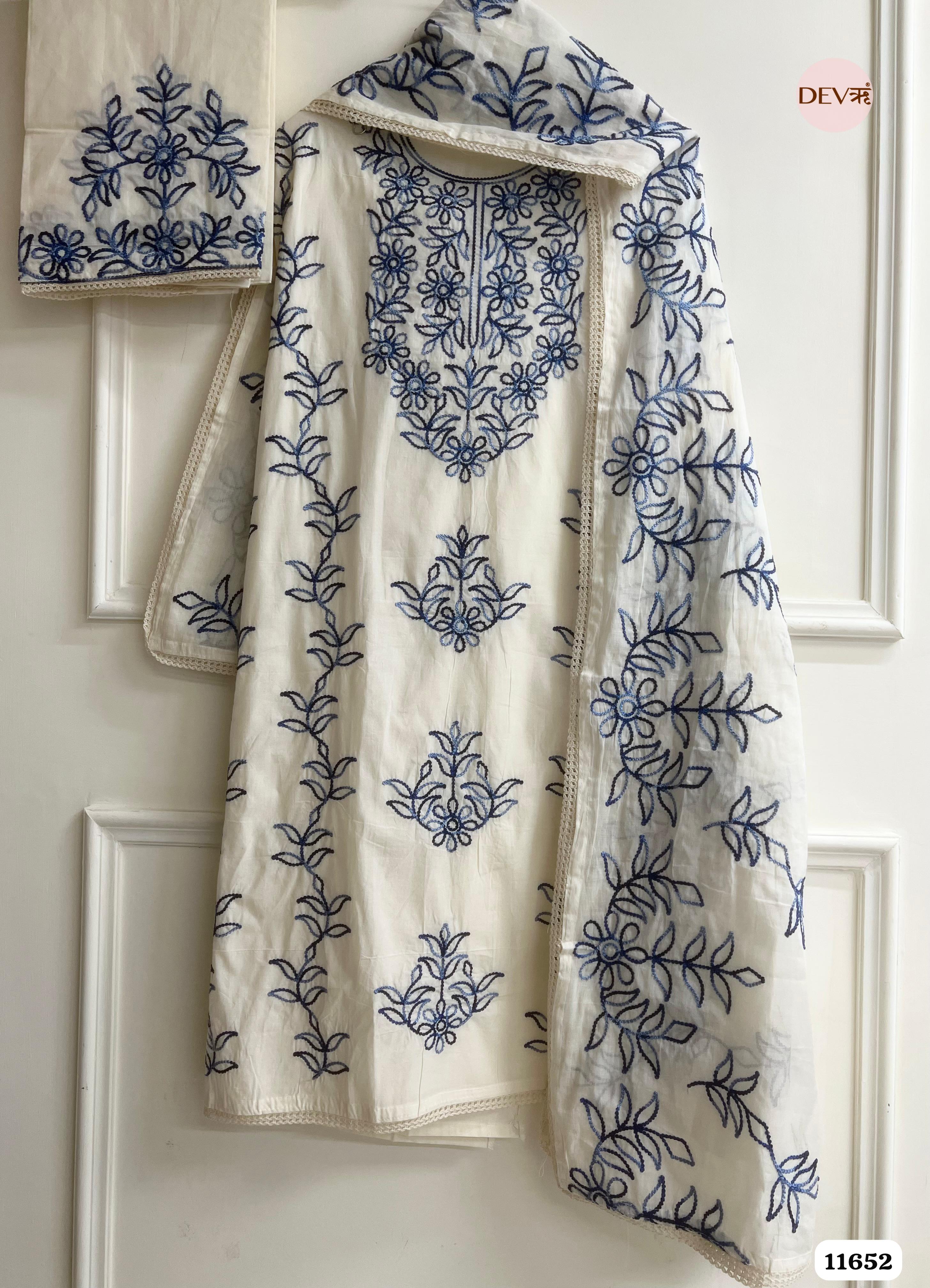 White Cotton Cora Unstitched Embroidered -Set Of 3 {11652}