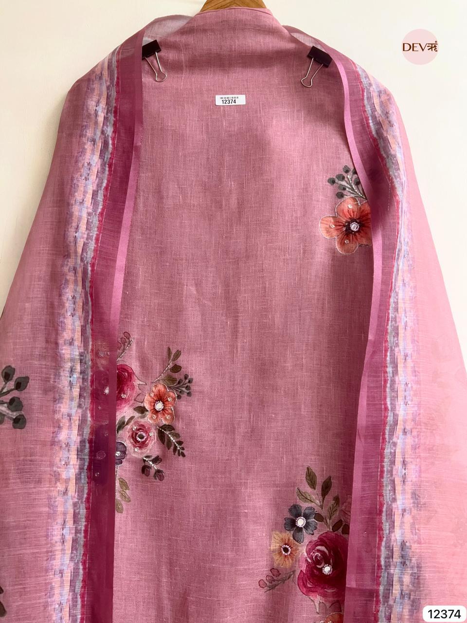 Rose Pink Linen Printed Unstitched 3-Piece Suit (Devri – D.No 12374)