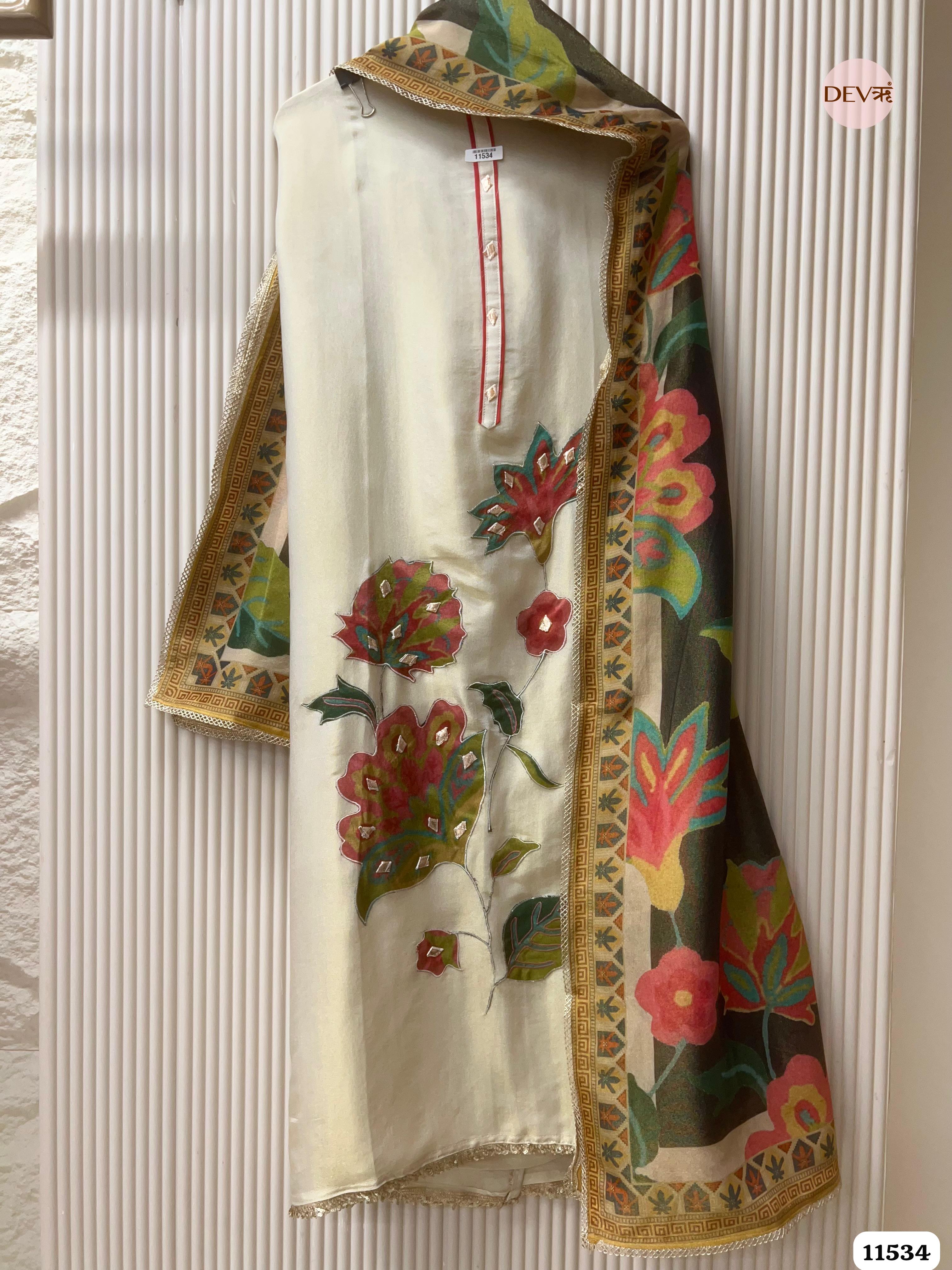 Off White Tissue Silk Unstitched Applique Work Hand Embroidered -Set Of 3 {11534}