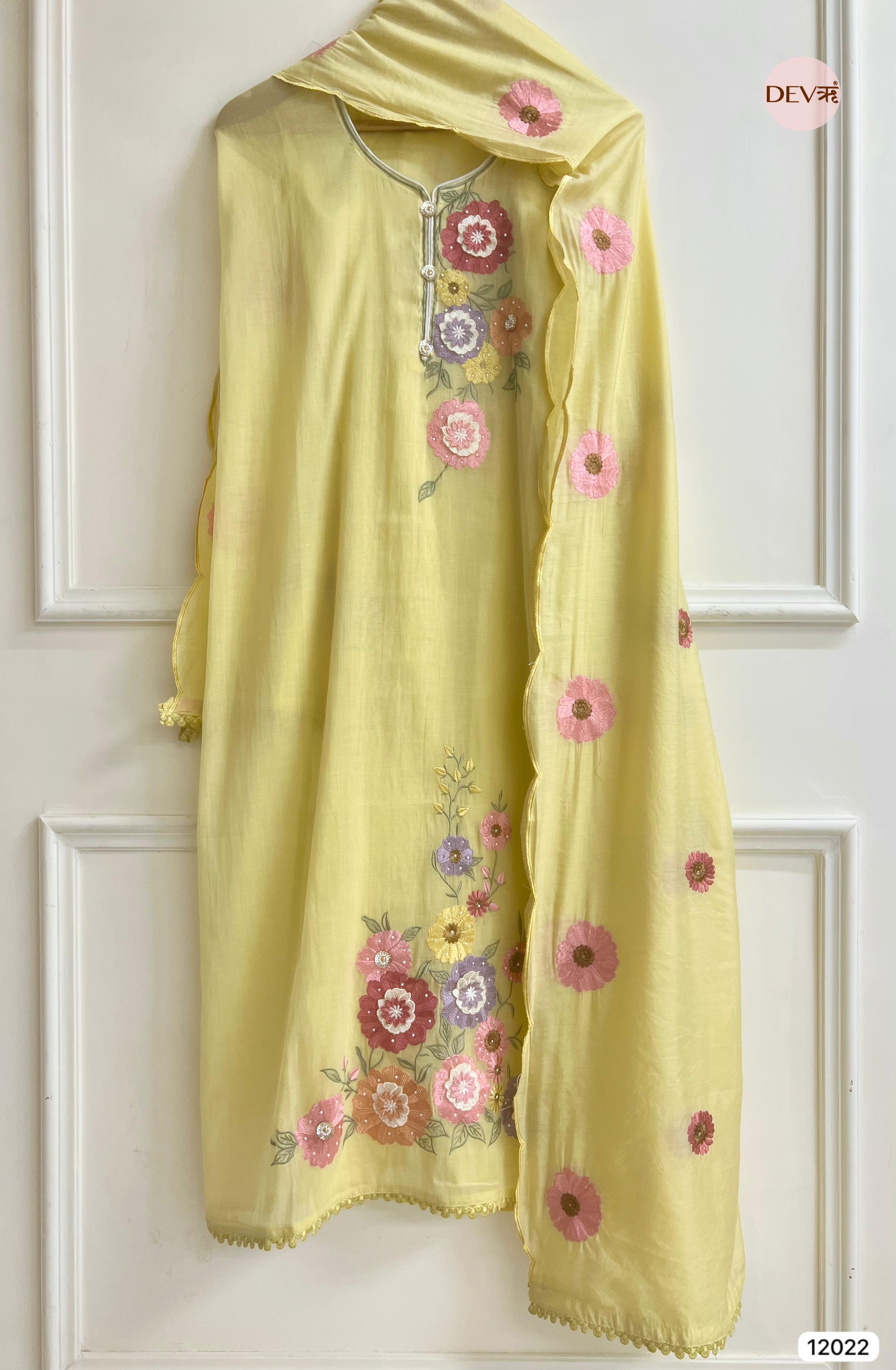 Yellow Pure Mul Chanderi Unstitched Embroidered -Set Of 3 - {12022}