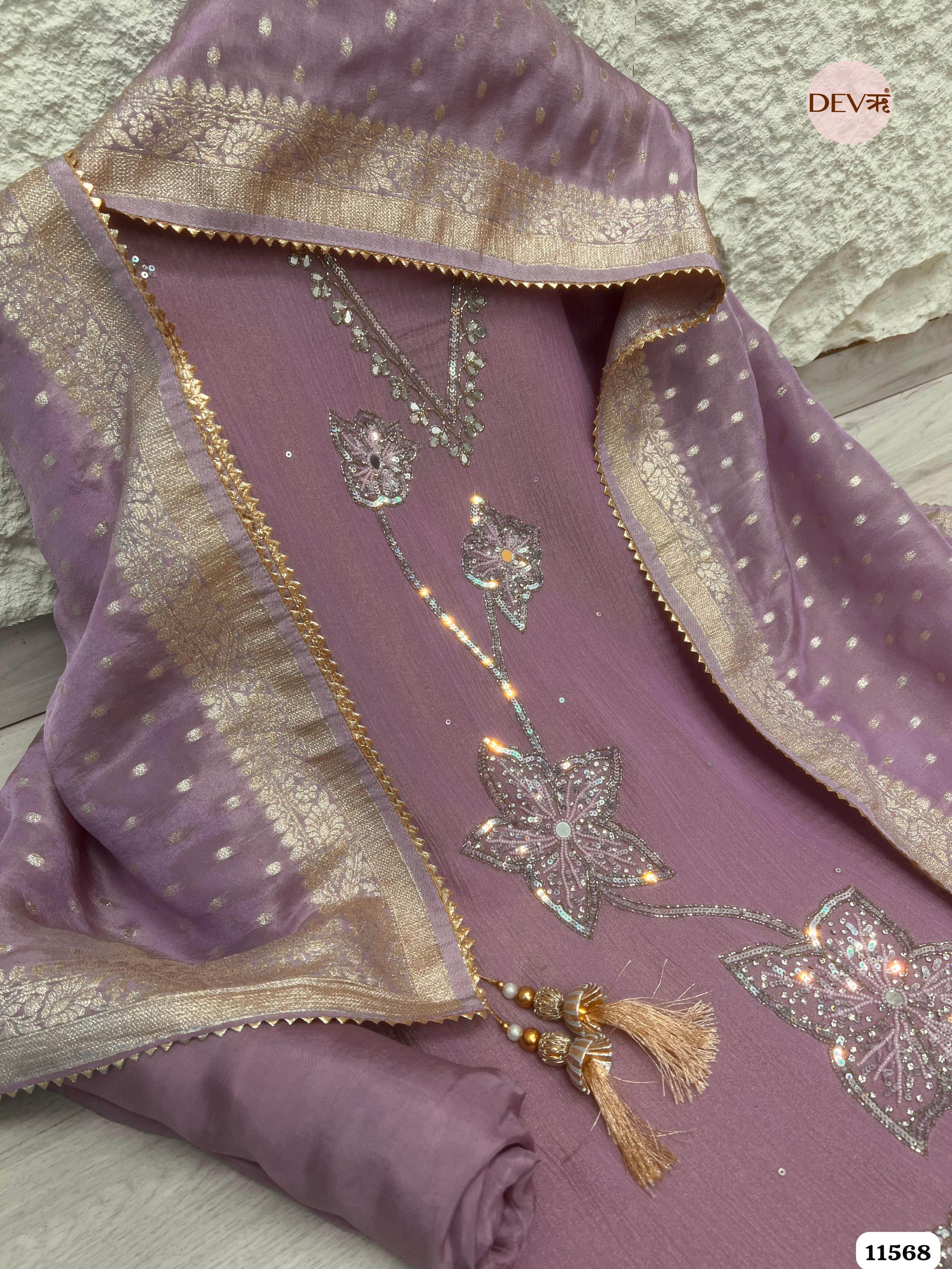 Purple Pure Chino Unstitched Hand Embroidered -Set Of 3 {11568}