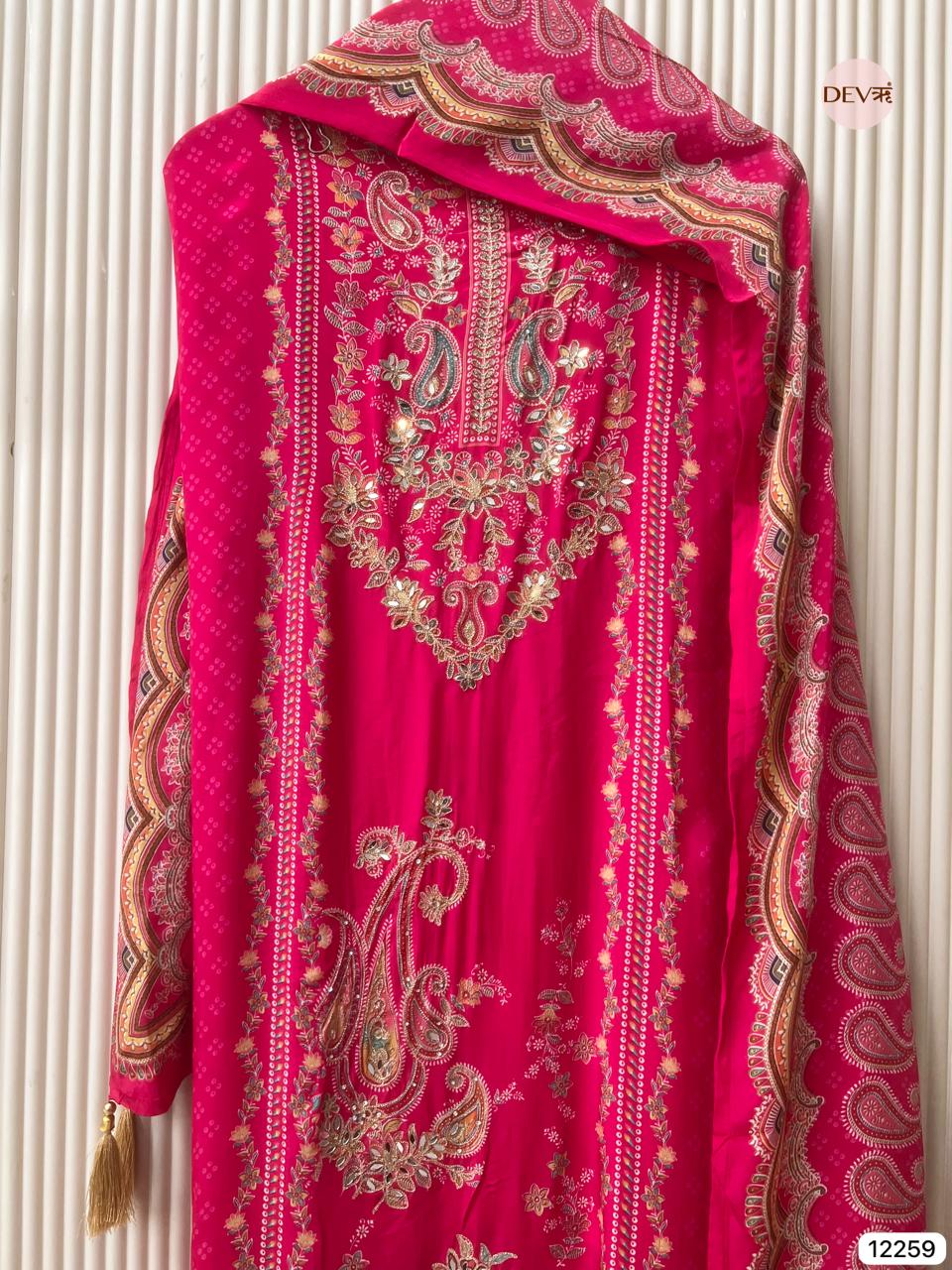 Fuchsia Pure Crepe Embroidered Unstitched 3-Piece Suit (Devri – D.No 12259)
