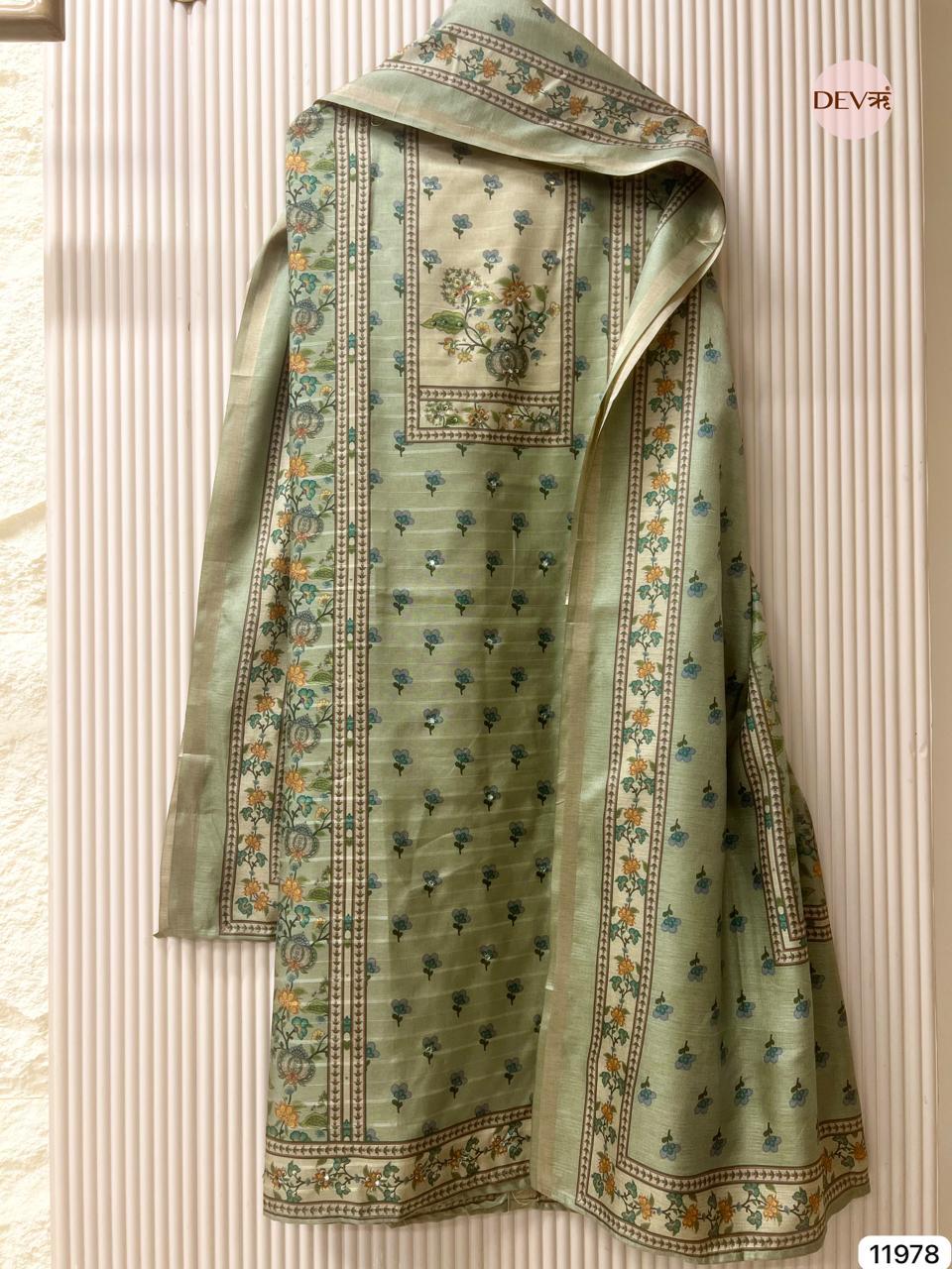 Sage Green Tusser Silk Hand-Embroidered Unstitched 3-Piece Suit (Devri – D.No 11978)