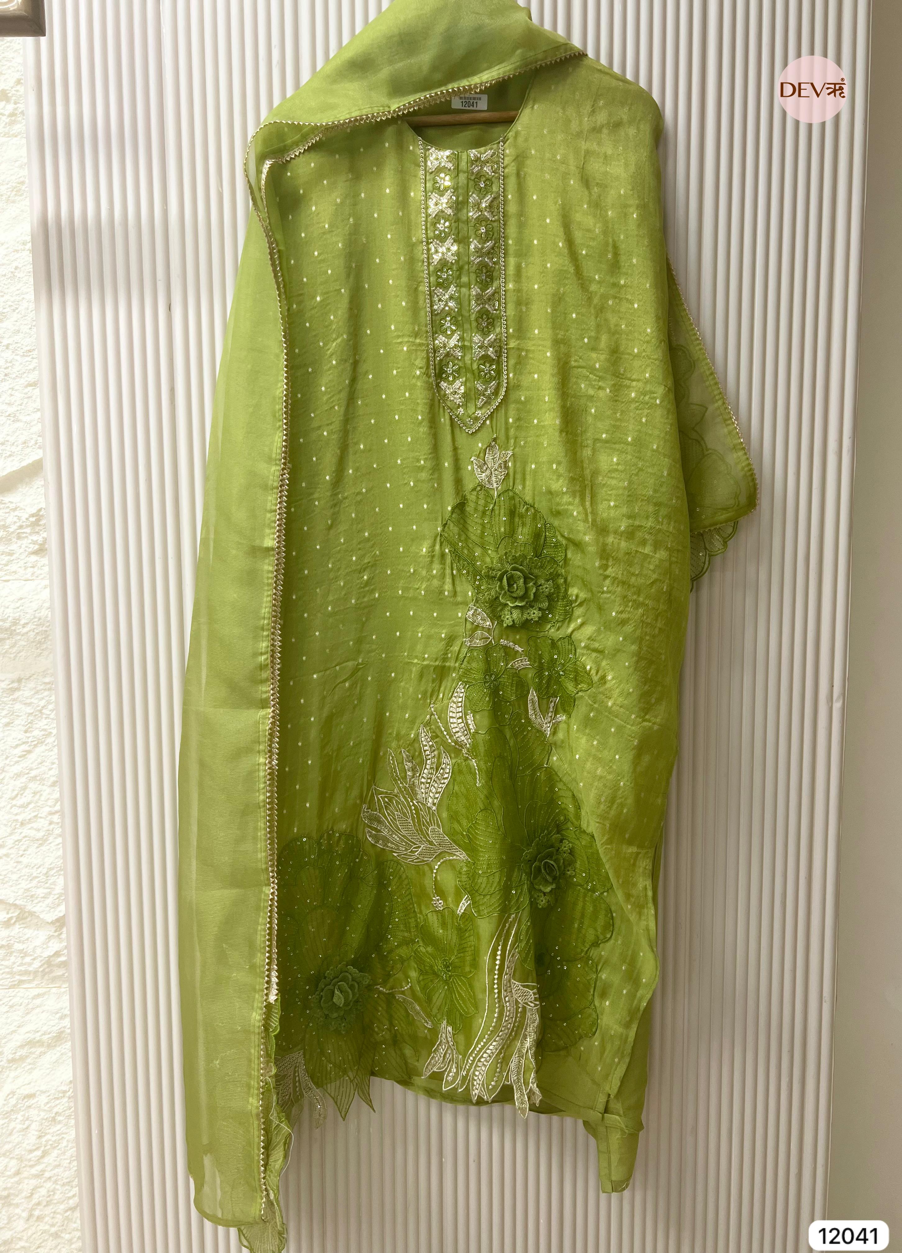 Green Tissue Shimmer Silk Unstitched Embroidered -Set Of 3 - {12041}