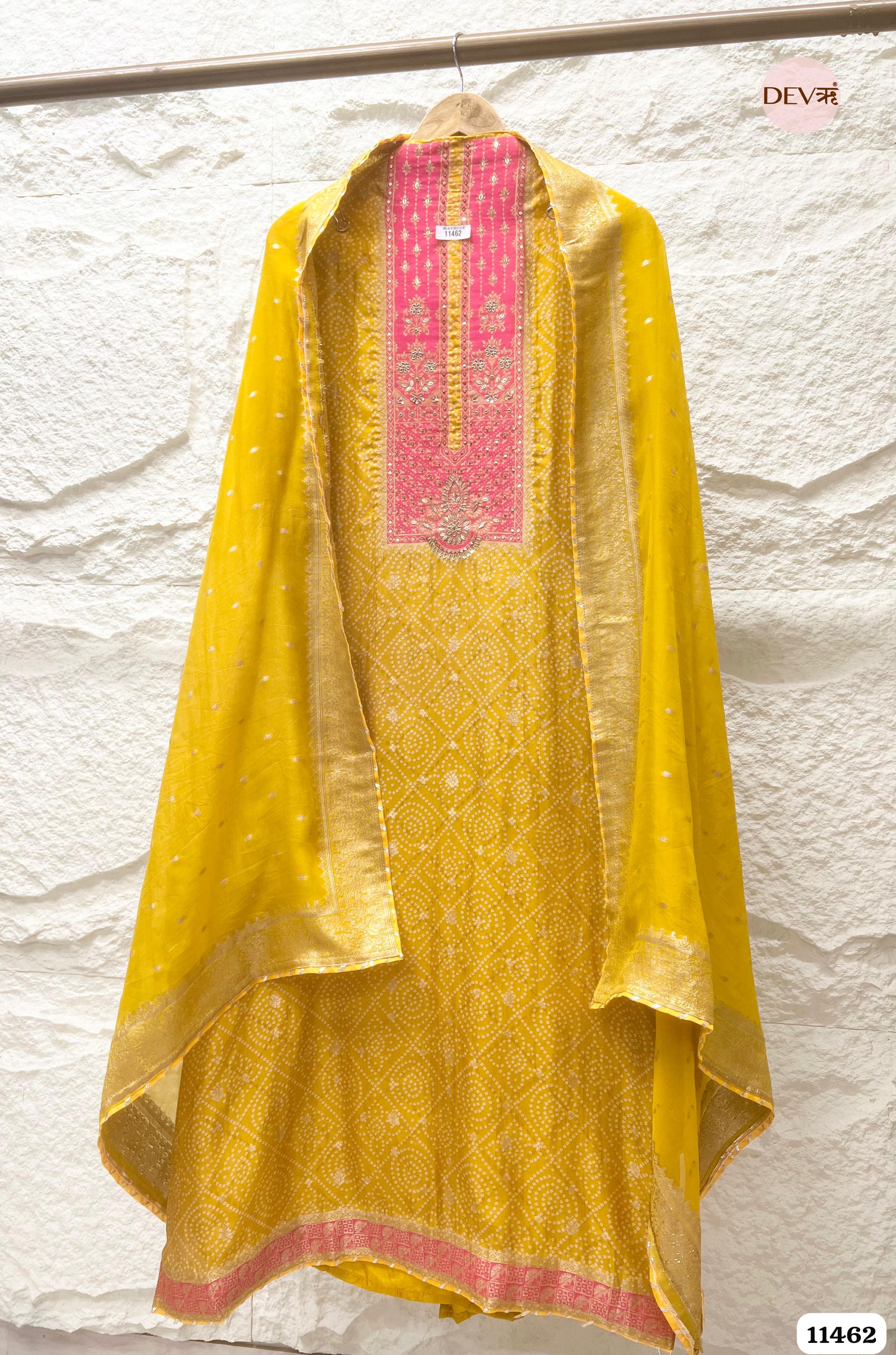 Yellow Russian Silk Woven Unstitched Embroidered -Set Of 3 {11462}