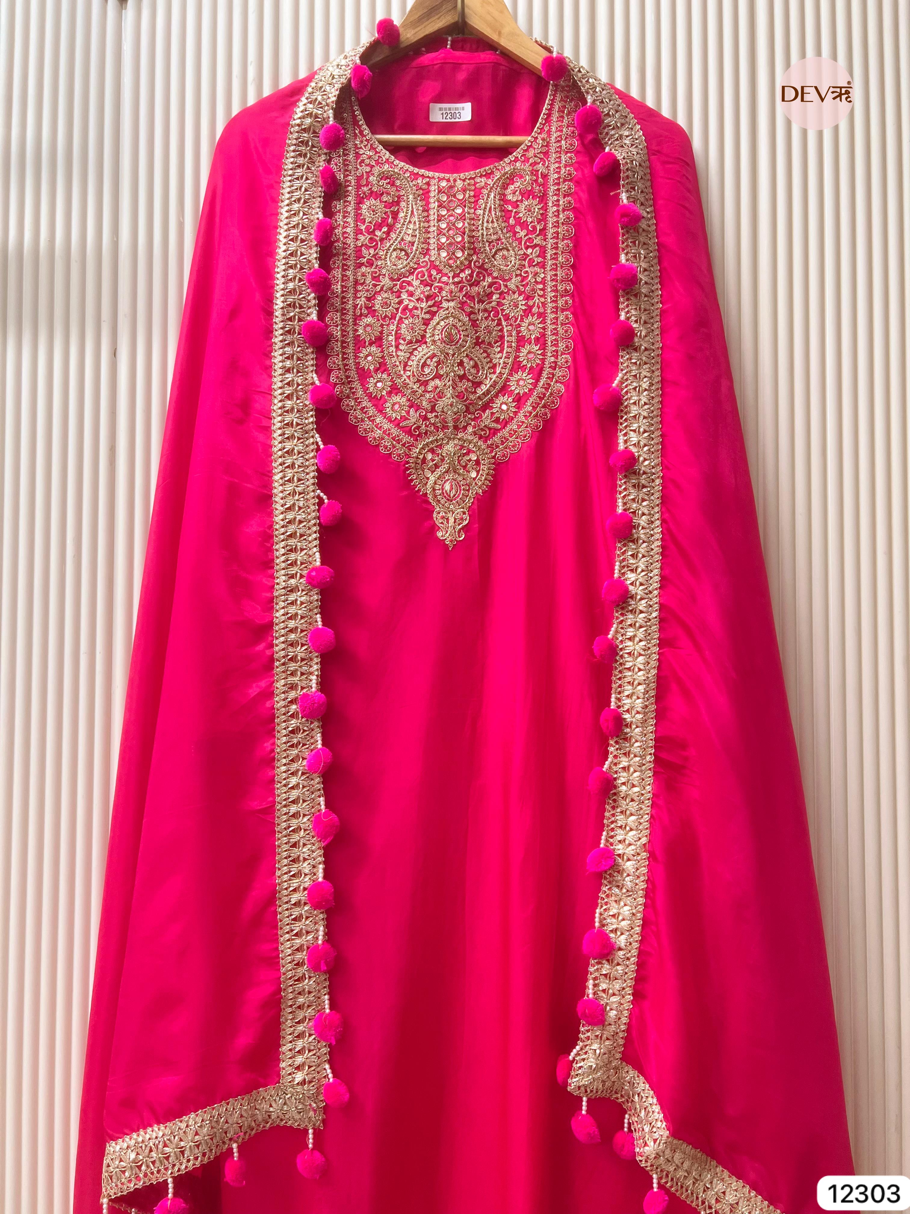 Rani Pink Glass Organza Embroidered Unstitched 3-Piece Suit (Devri – D.No 12303)