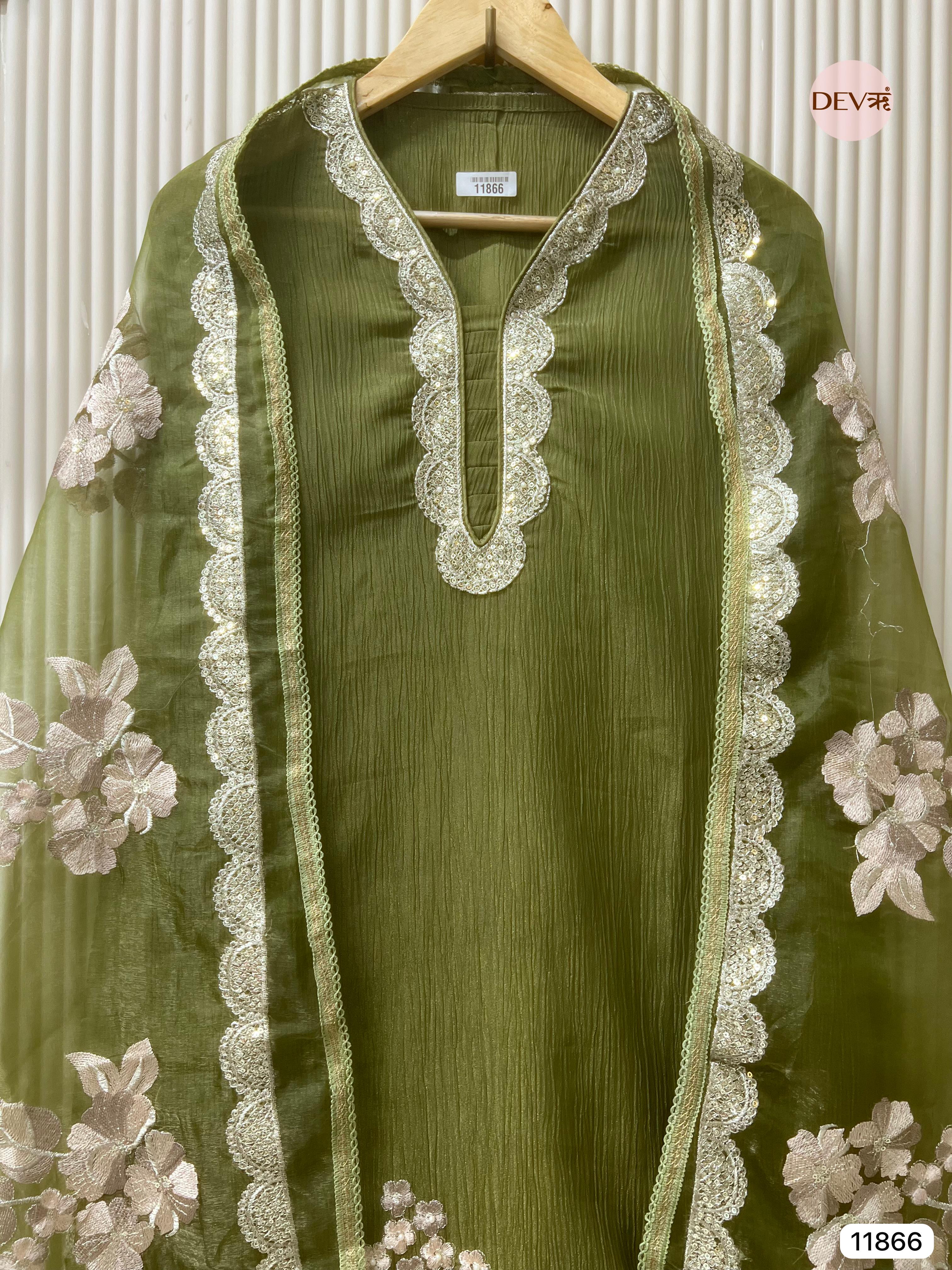 Green Tissue Crush Silk Unstitched Embroidered -Set Of 3 - {11866}