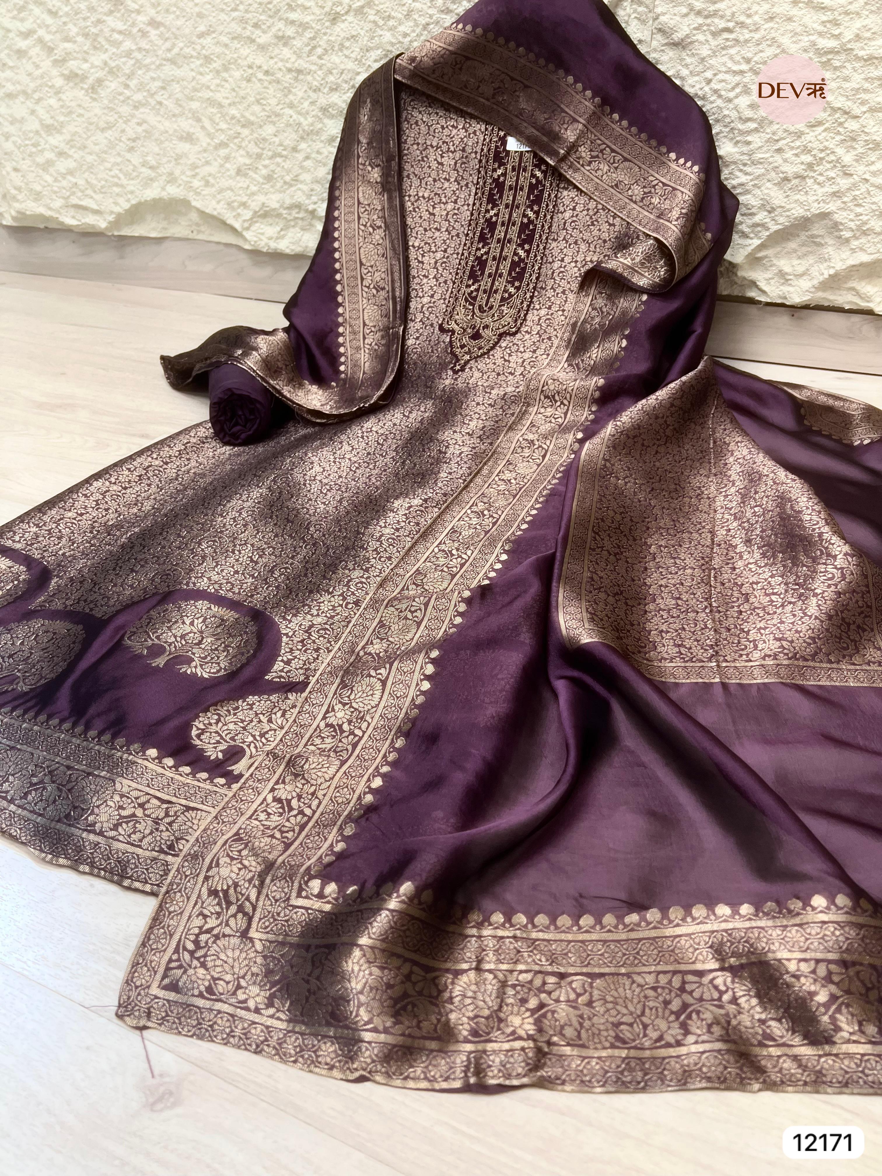 Purple Pure Banarasi silk Unstitched Hand Embroidered -Set Of 3 - {12171}