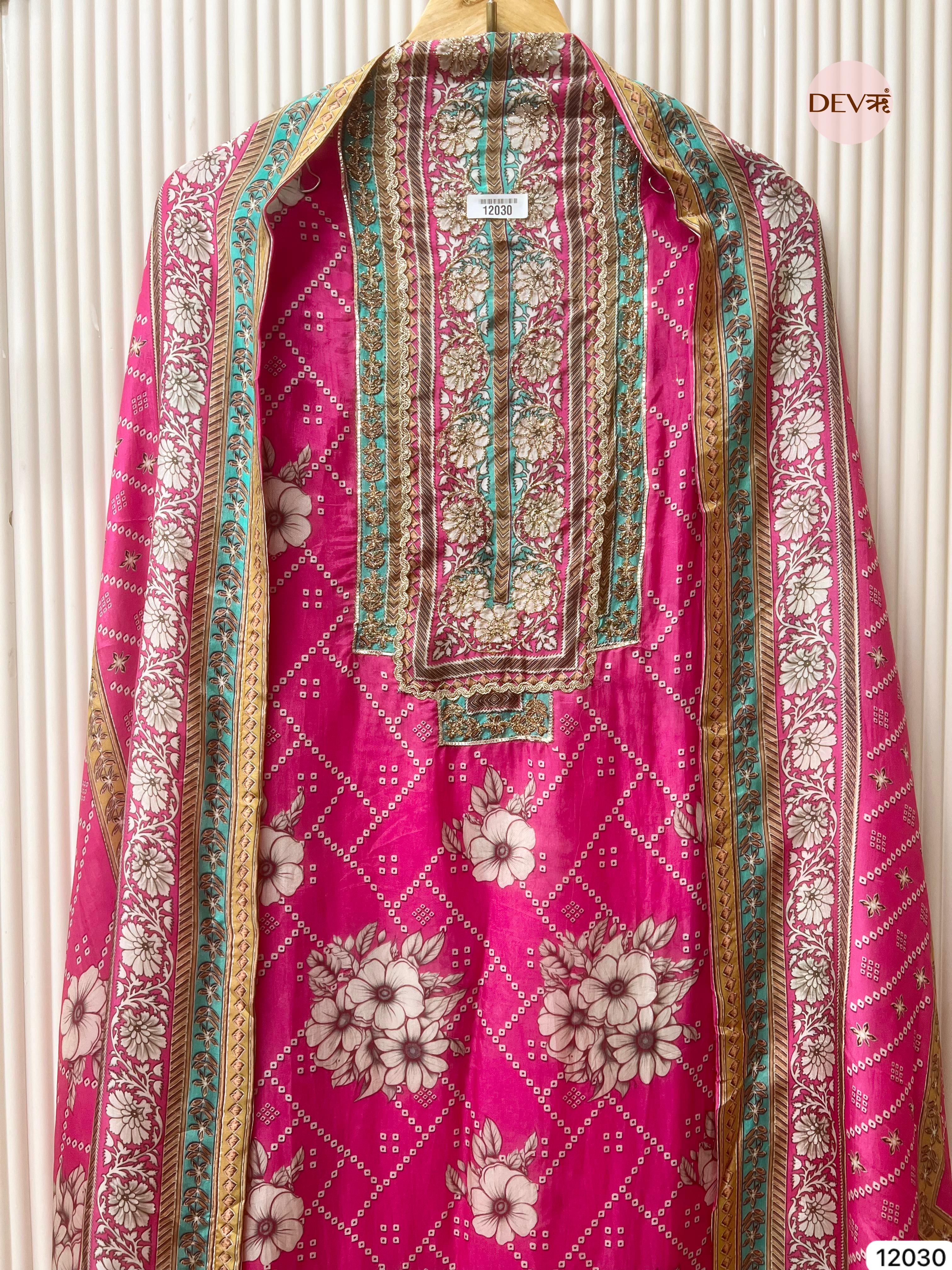 Pink Pure Glass Silk Unstitched Printed Zardosi Highlight Embroidered -Set Of 3 - {12030}