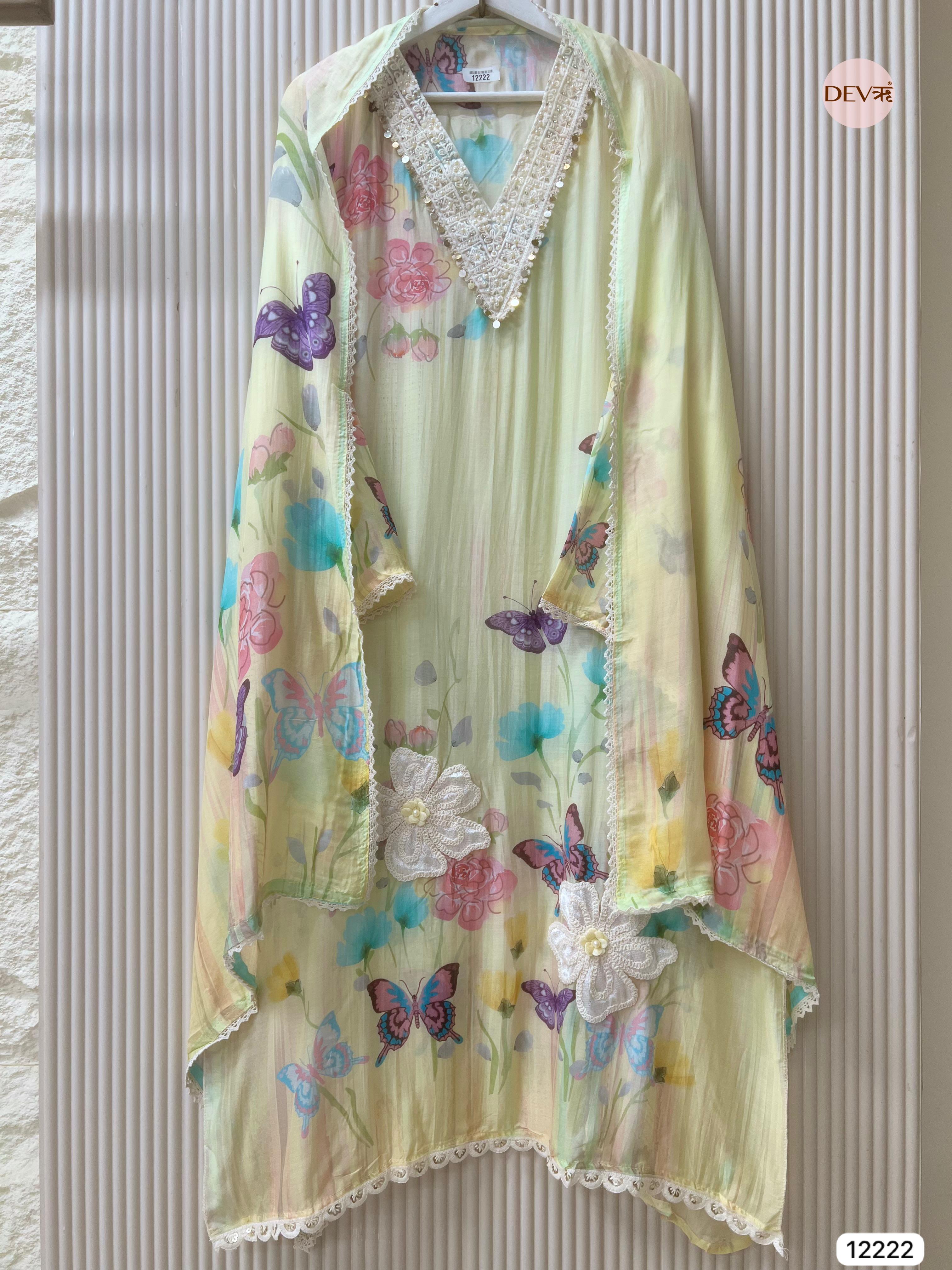 Pastel Yellow Mul Chanderi Printed Unstitched 3-Piece Suit (Devri – D.No 12222)