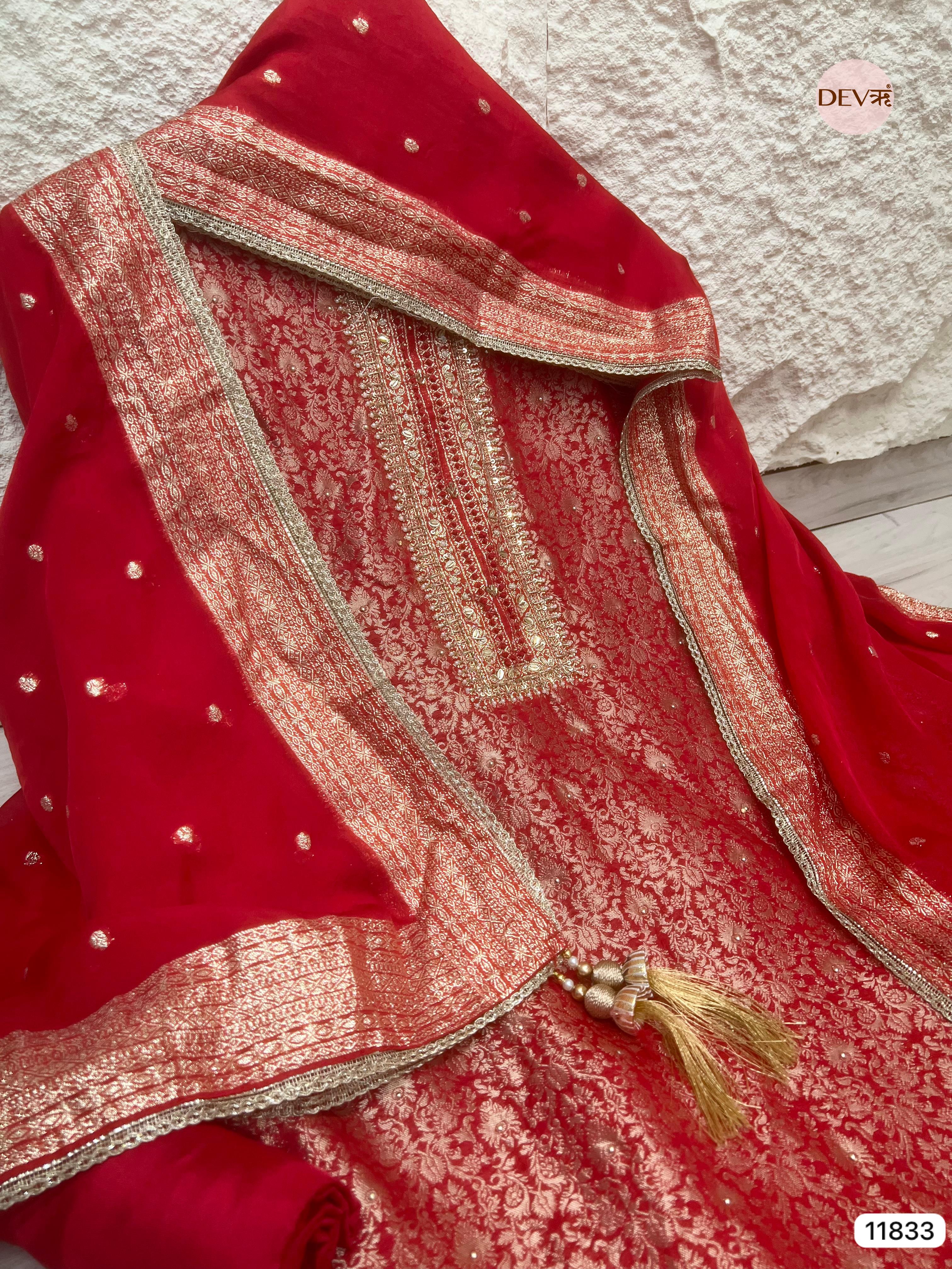 Red Pure Shimmer Tissue Banarasi Woven Silk Unstitched Hand Embroidered -Set Of 3- {11833}