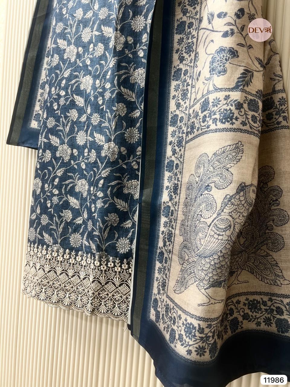 Blue Pure Tusser Silk Printed Unstitched 3-Piece Suit (Devri – D.No 11986)