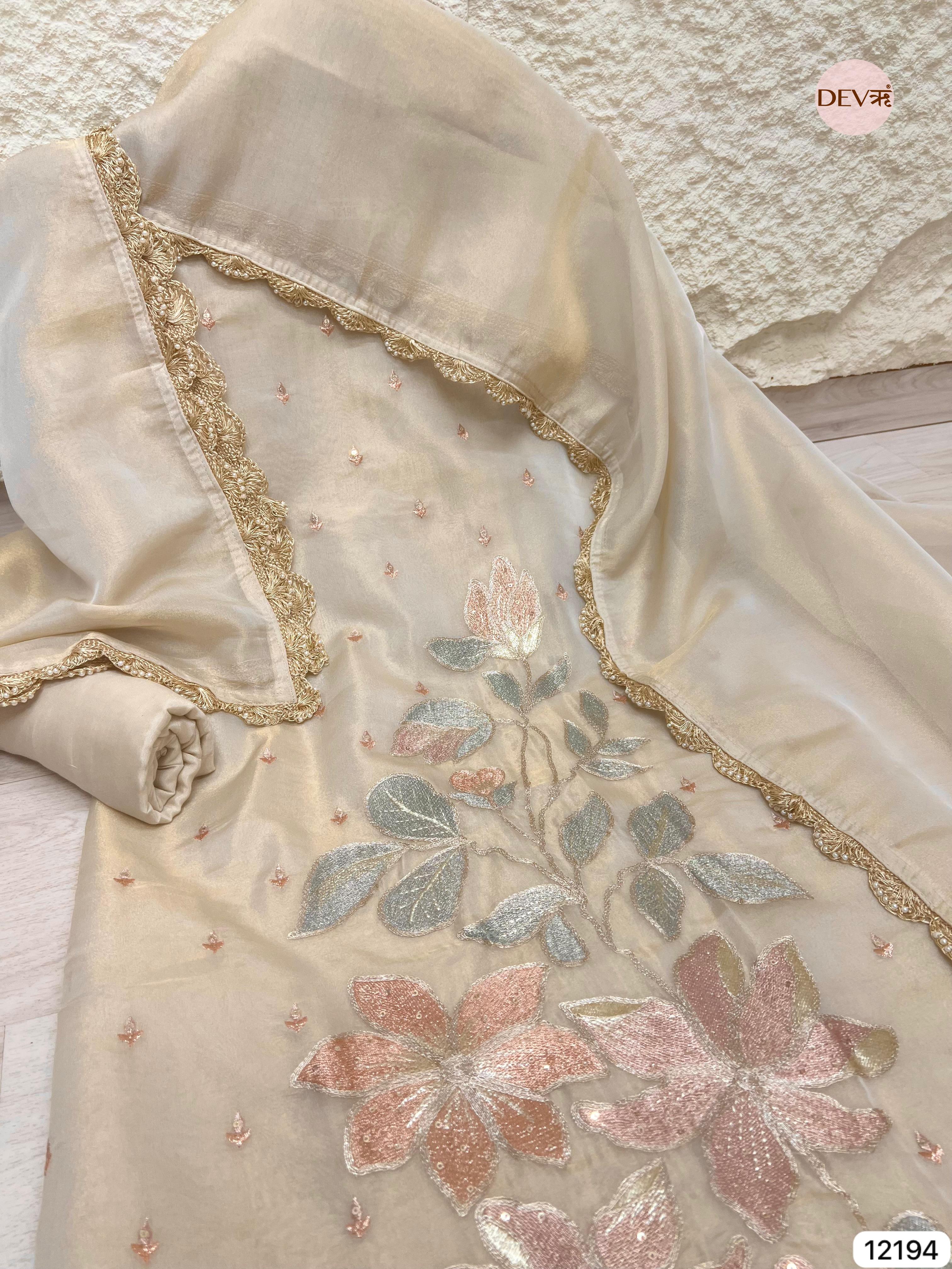 Off white Pure Shimmer Silk Unstitched -Set Of 3 - {12194}