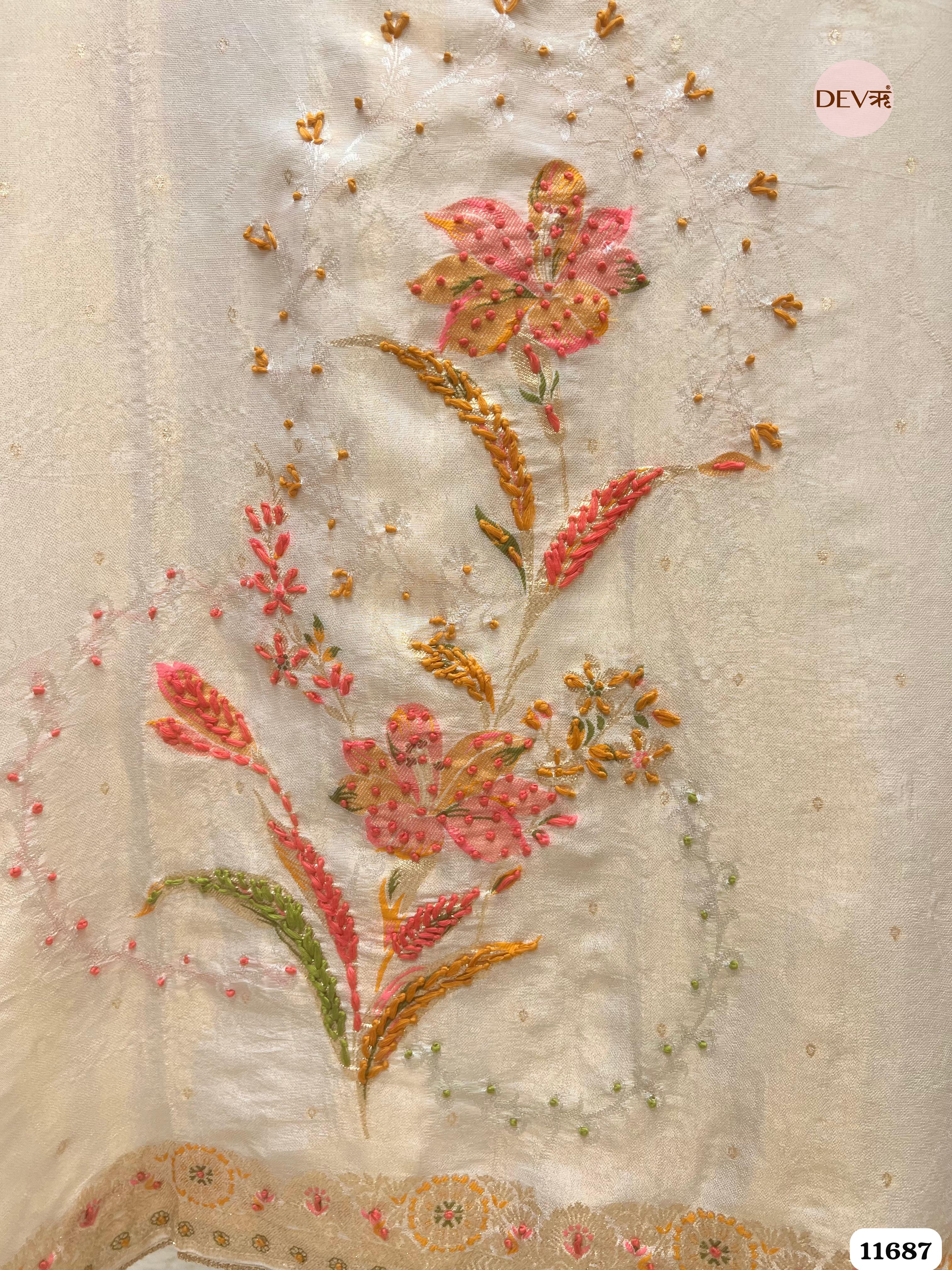 Off white Burberry Silk Unstitched Woven Embroidered -Set Of 3 {11687}