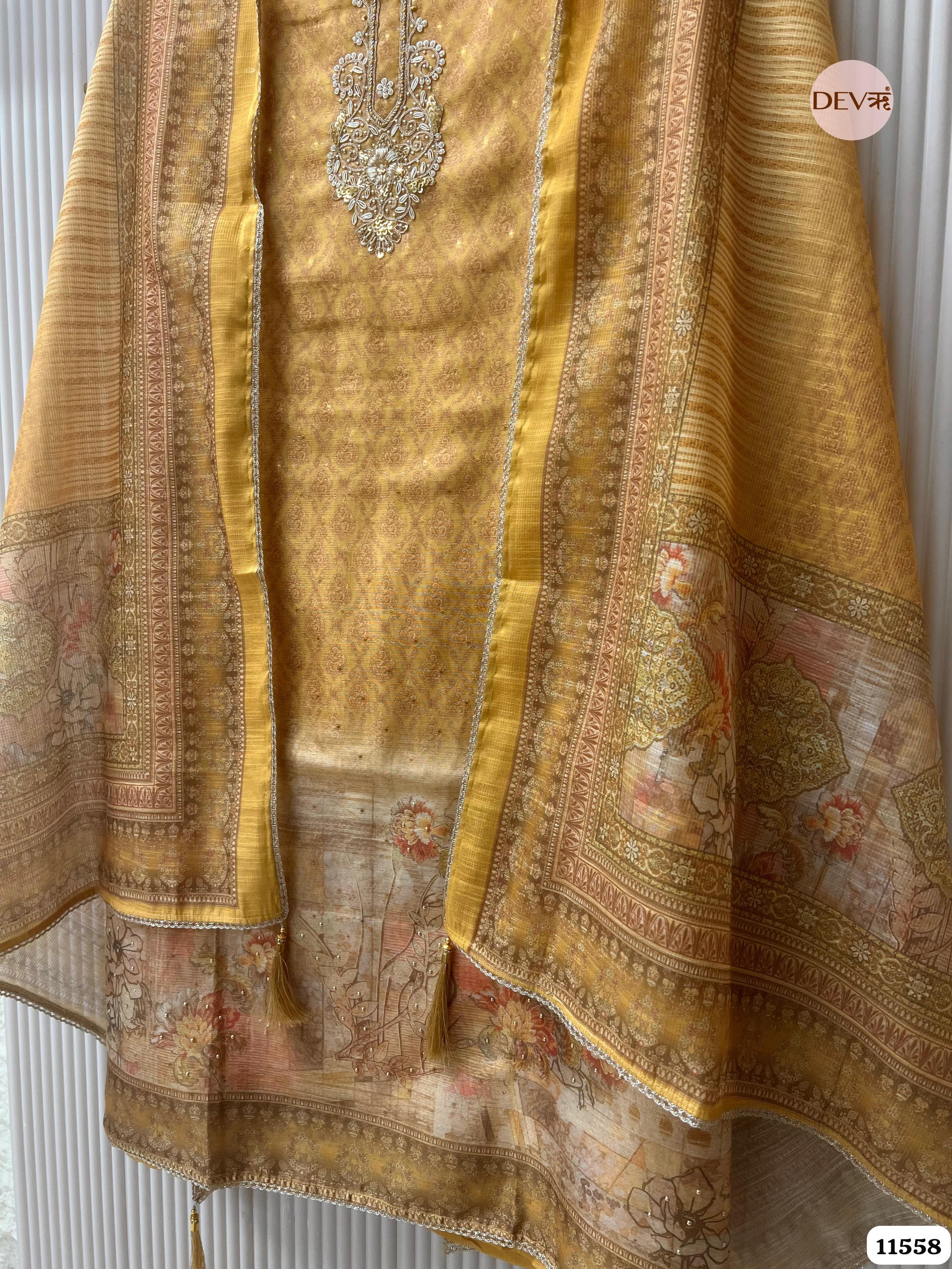 yellow/golden Pure Dola Silk Unstitched Printed Hand Embroidered -Set Of 3 {11558}