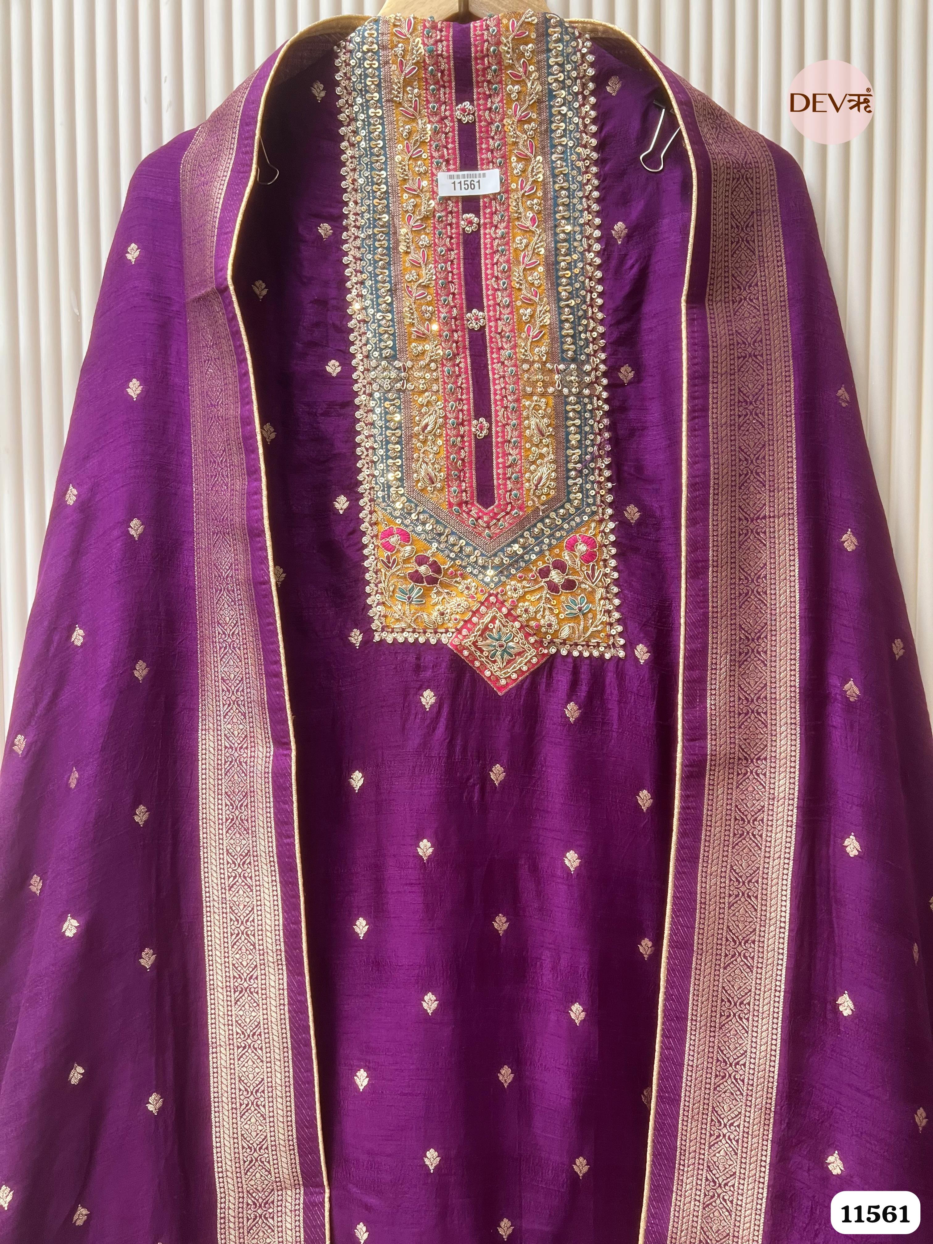 Purple Dola silk Banarasi Weave Unstitched Hand Embroidered -Set Of 3 {11561}