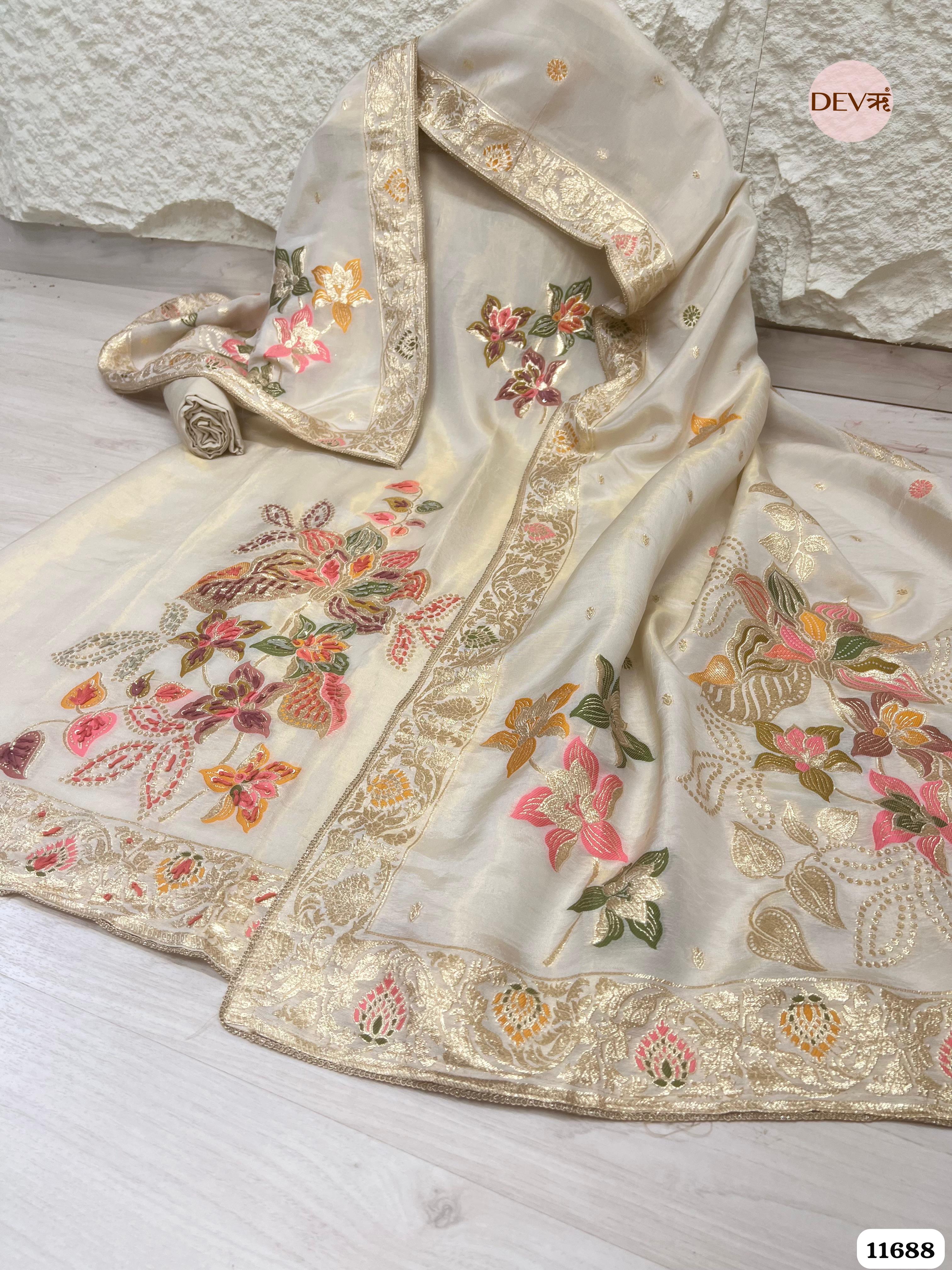Off white Burberry Silk Unstitched Woven Hand Embroidered -Set Of 3 {11688}