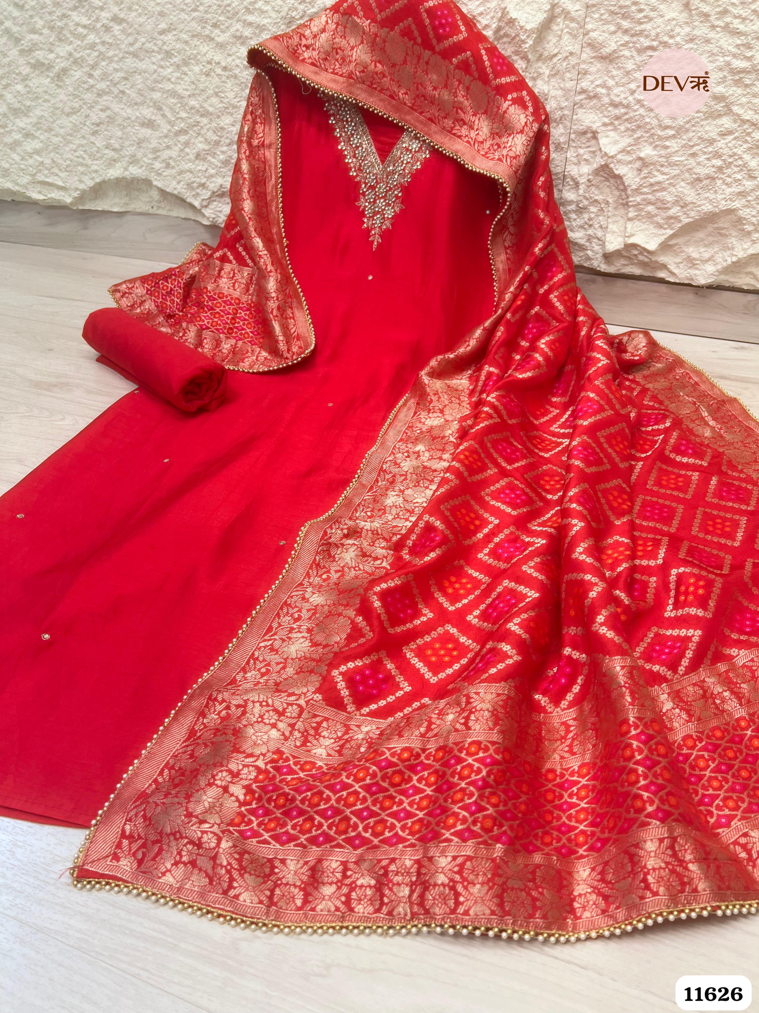 Red Pure Russian Silk Unstitched Hand Embroidered -Set Of 3 {11626}