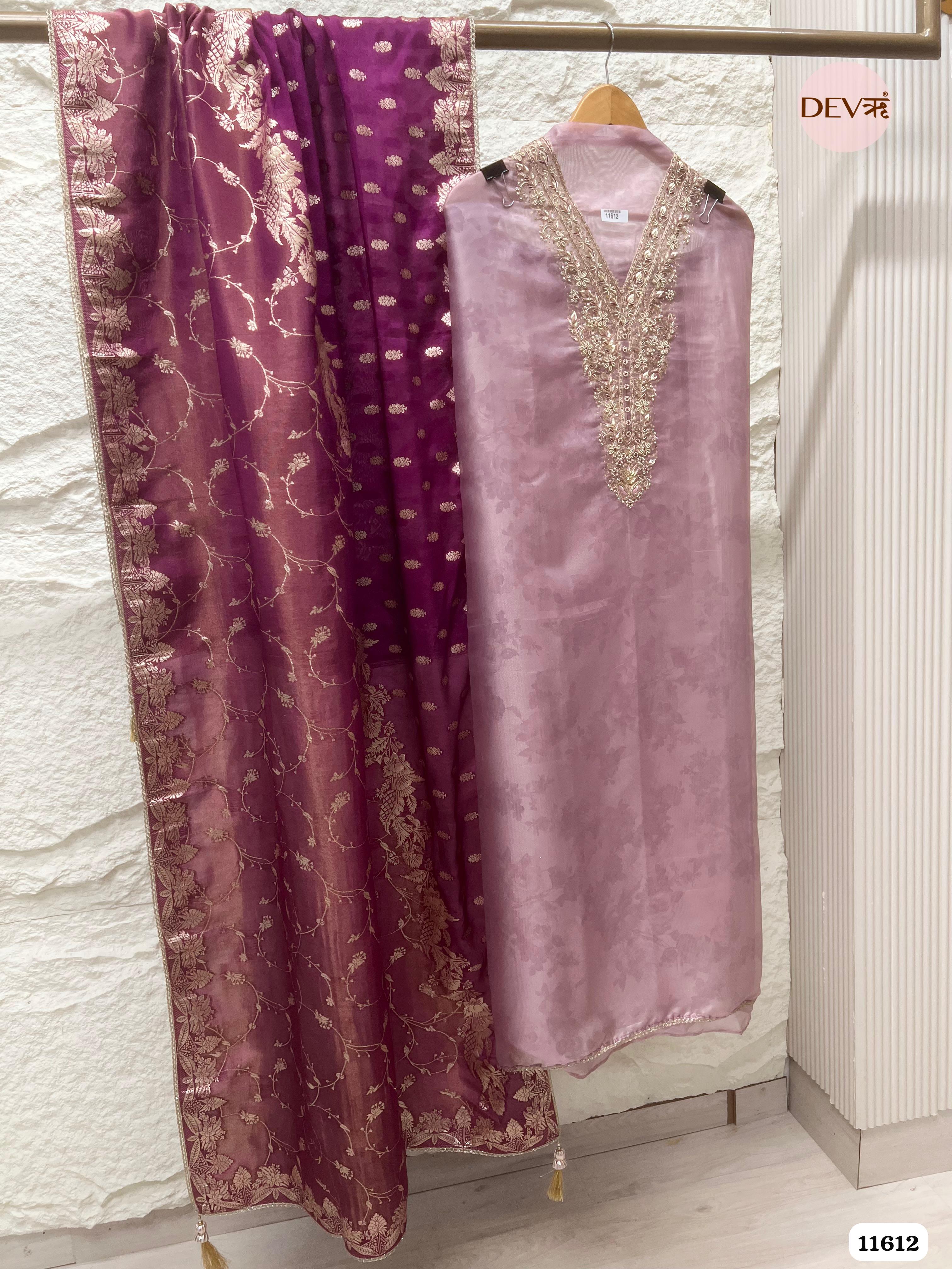 Light Purple Pure Tissue Organza Printed Unstitched Hand Embroidered -Set Of 3 {11612}