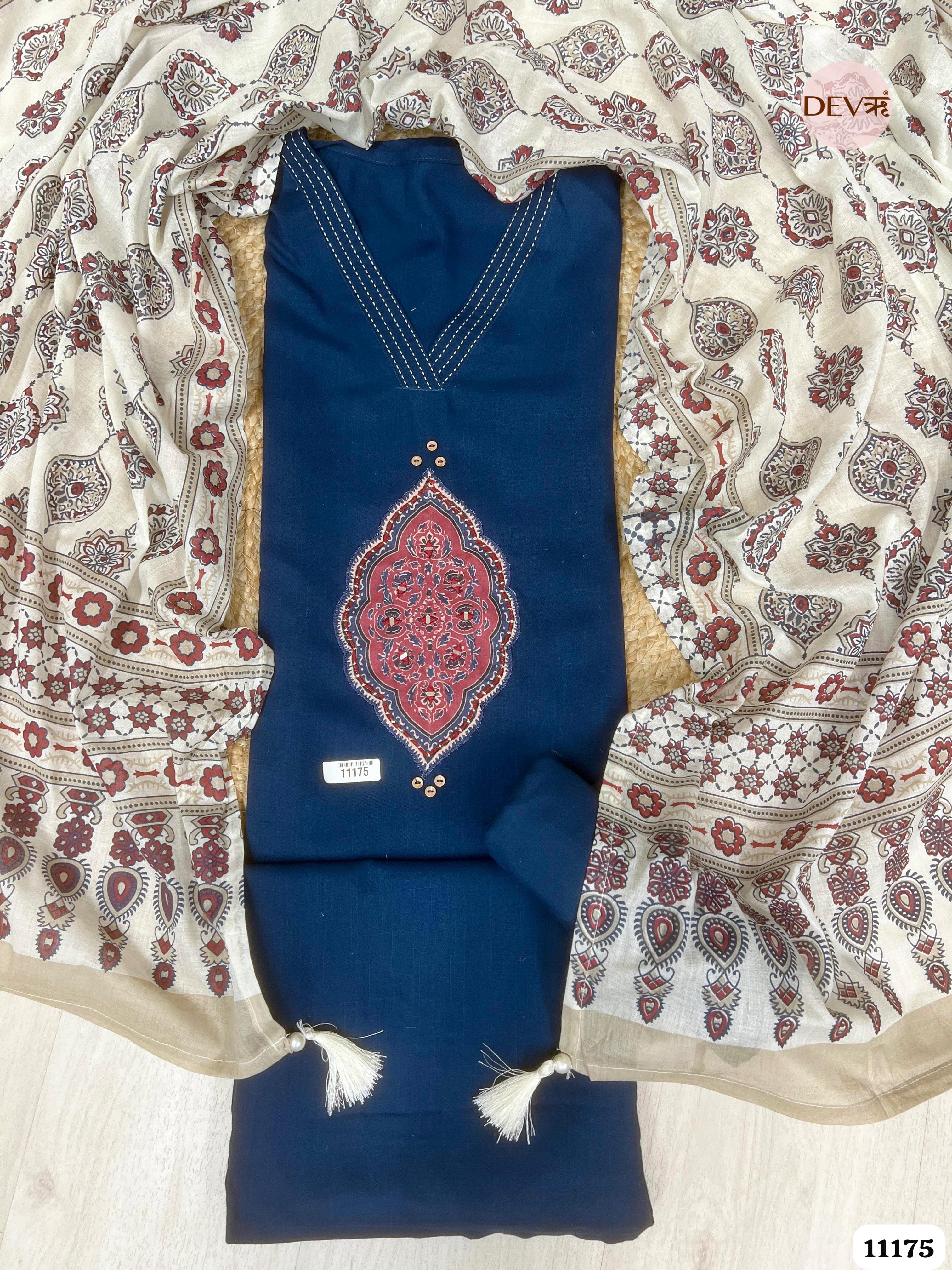 Blue Slub Cotton Unstitched Hand Embroidered -Set Of 3 {11175}