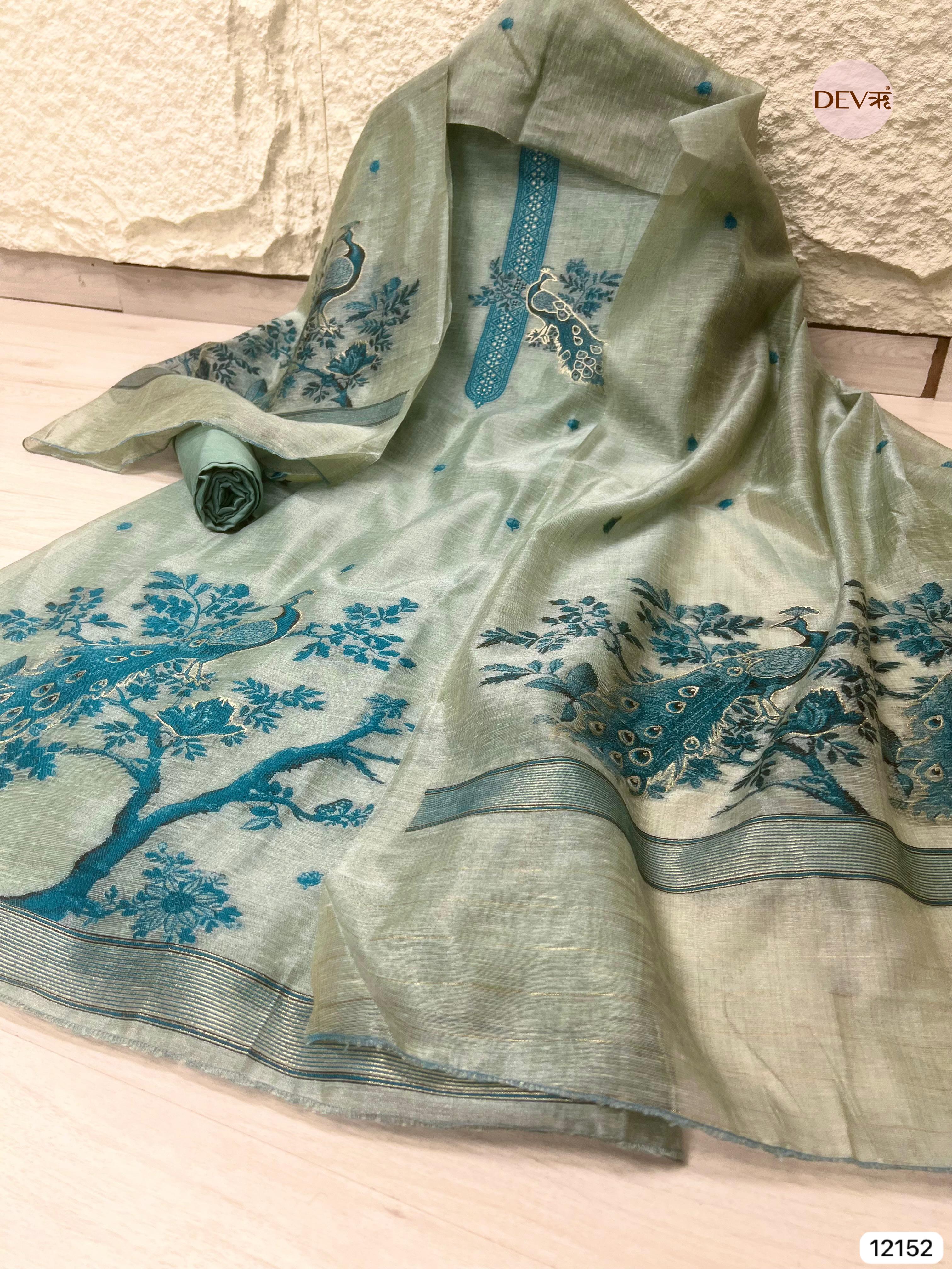 Light Green Pure Jamdani Linen Unstitched-Set Of 3- {12152}