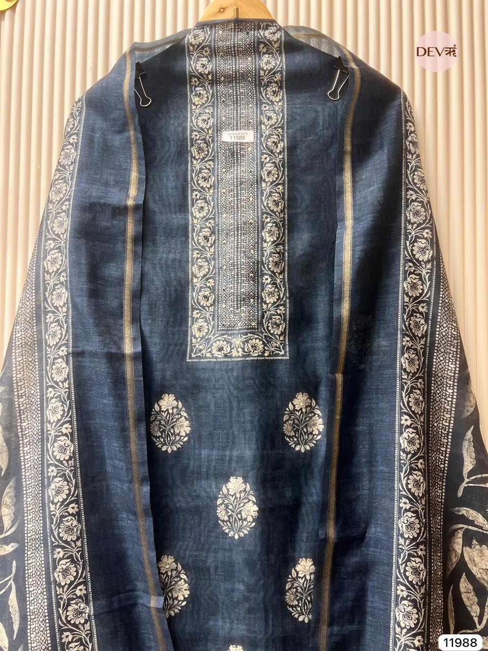 Navy Mul Chanderi Printed Unstitched 3-Piece Suit (Devri – D.No 11988)