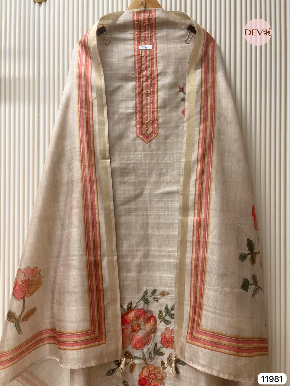 Beige Tusser Silk Embroidered Unstitched 3-Piece Suit (Devri – D.No 11981)
