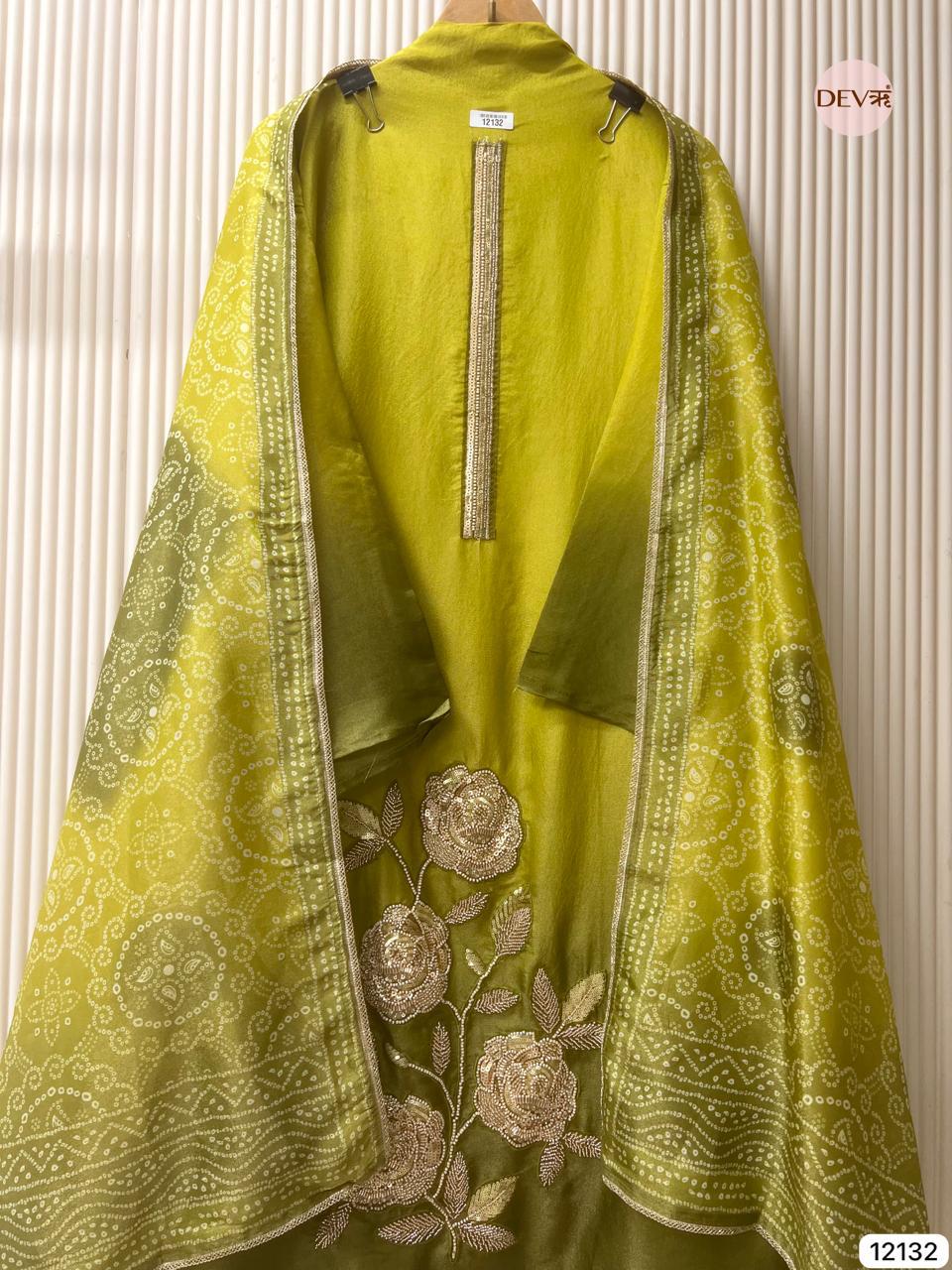 Olive-Green Soft Tissue Silk Embroidered Unstitched 3-Piece Suit (Devri – D.No 12132)