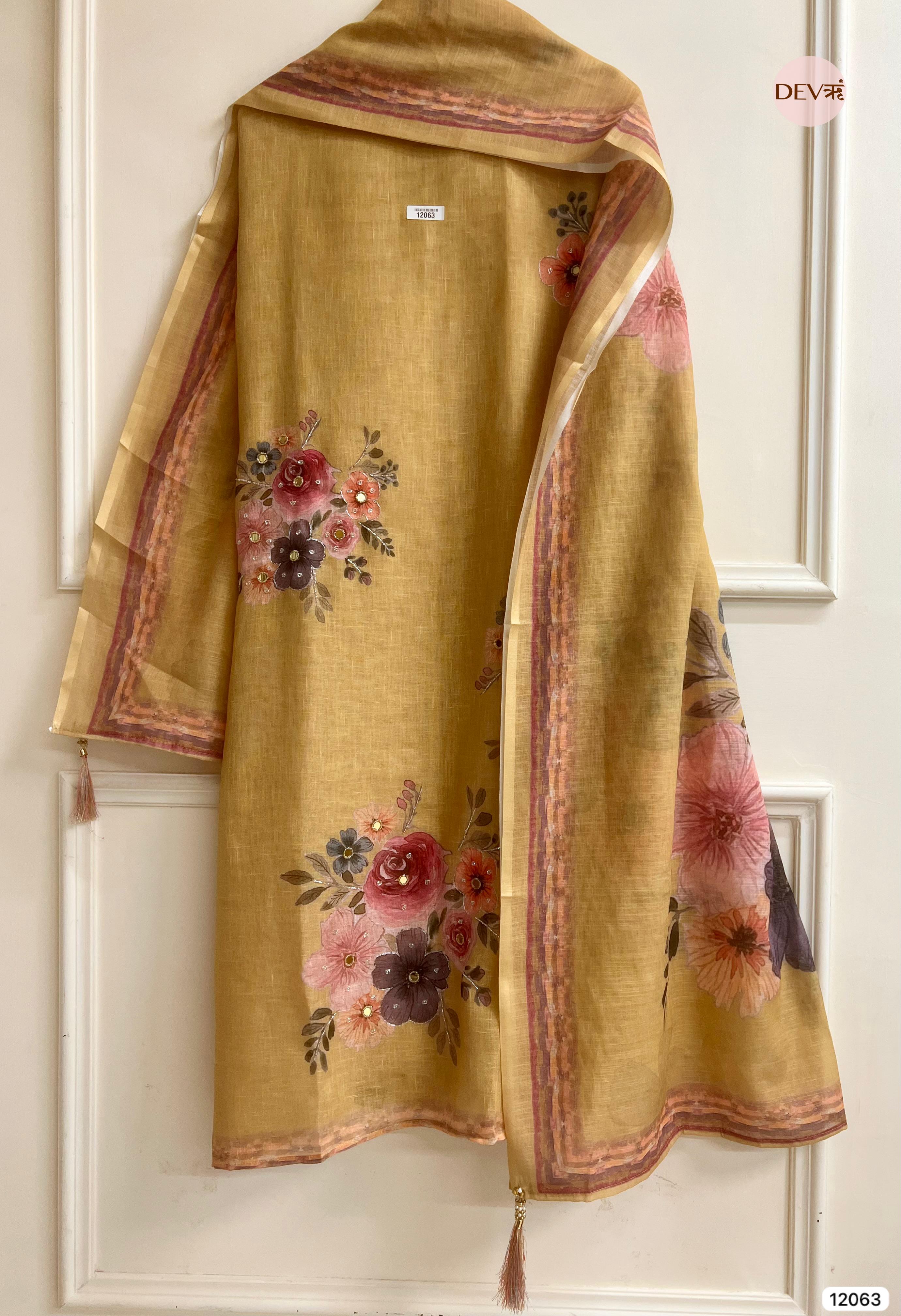 Golden Yellow Linen Printed Unstitched Hand Embroidered -Set Of - {12063}