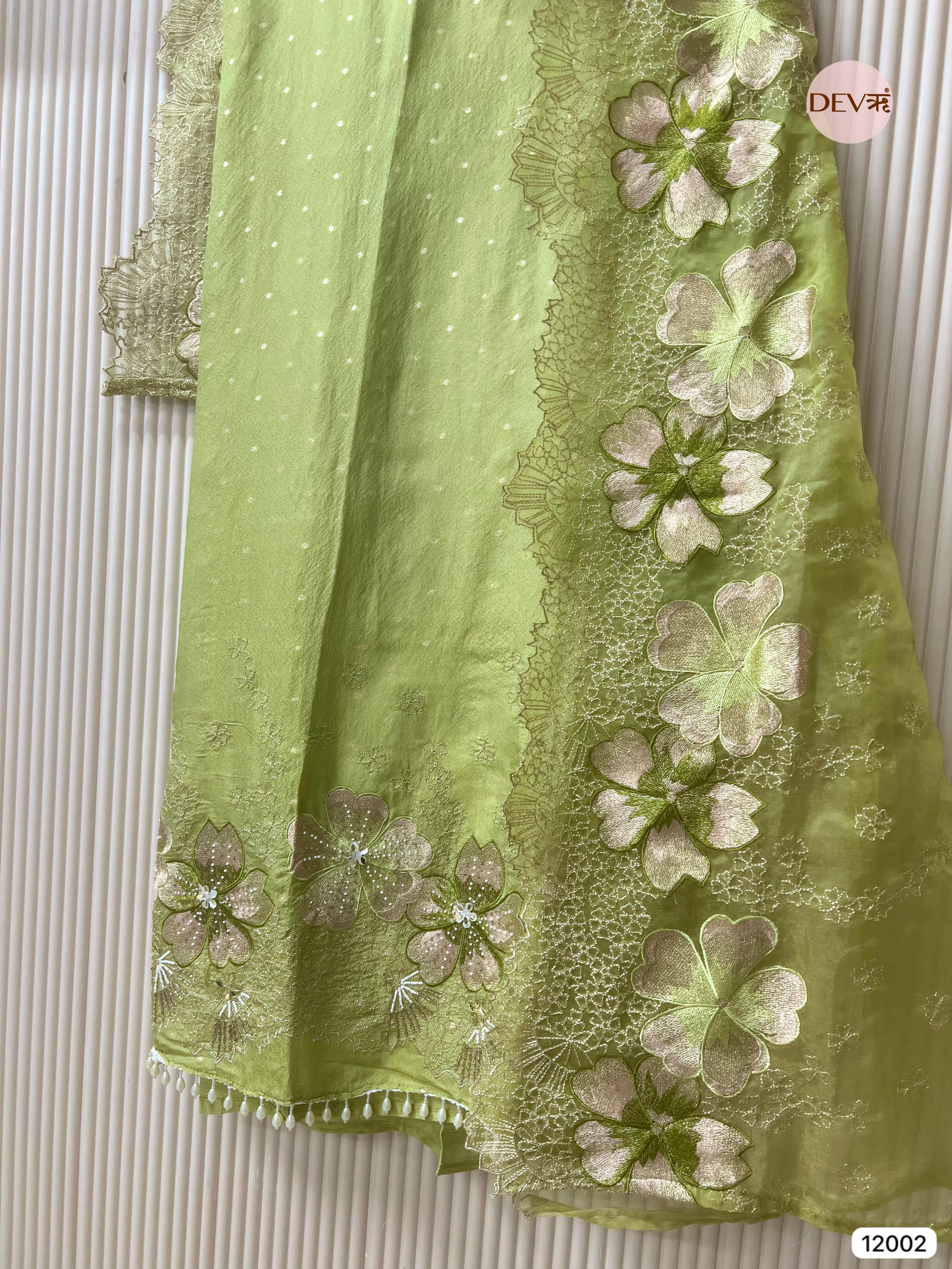 Green Tissue Shimmer Silk Unstitched Embroidered -Set Of 3 - {12002}