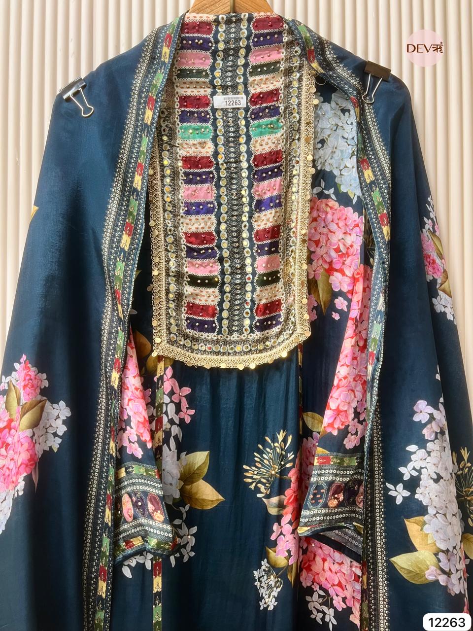 Teal Glass Organza Printed Unstitched 3-Piece Suit (Devri – D.No 12263)