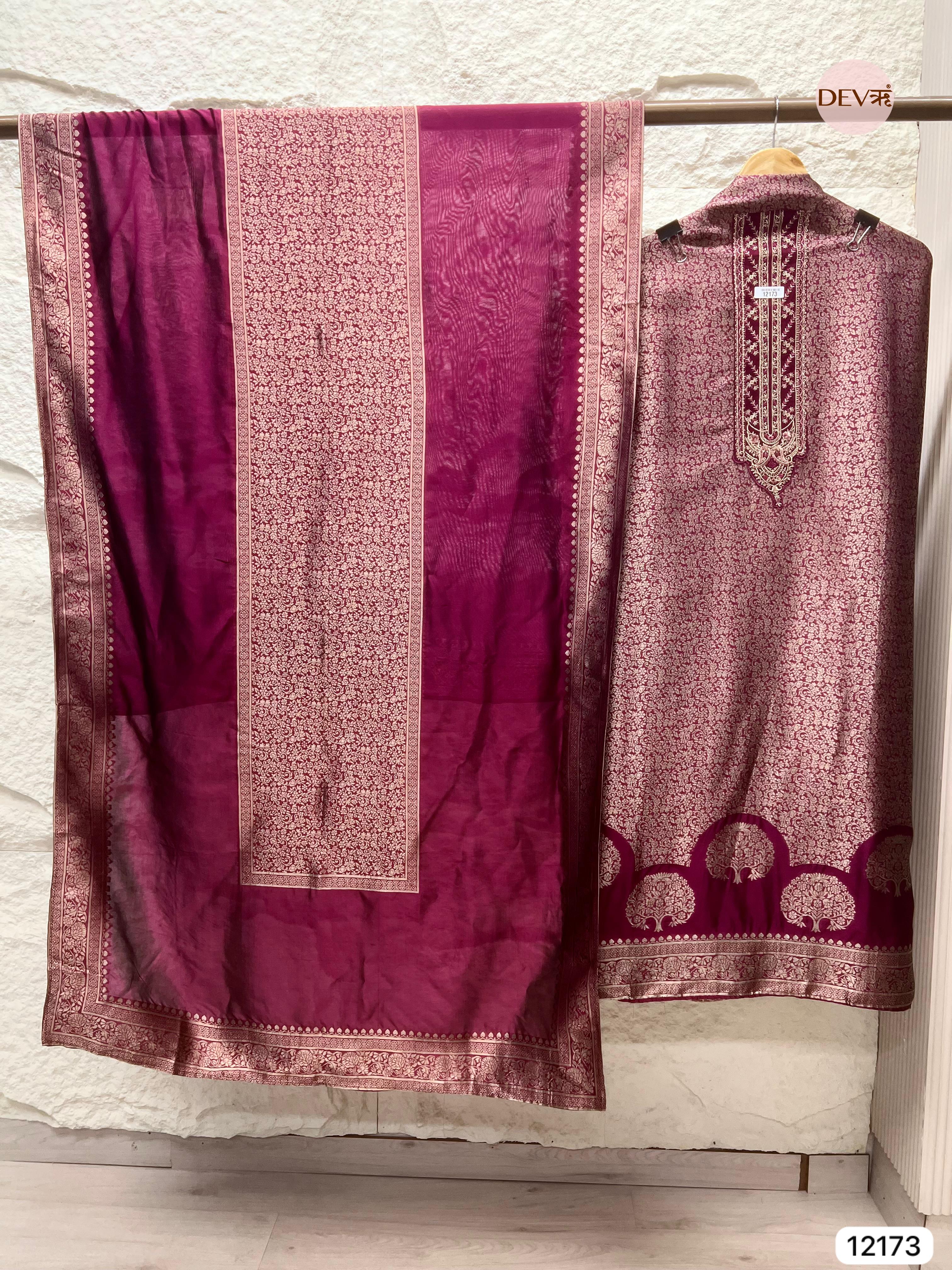 Dark Magenta Pure Banarasi silk Unstitched Hand Embroidered -Set Of 3 - {12173}