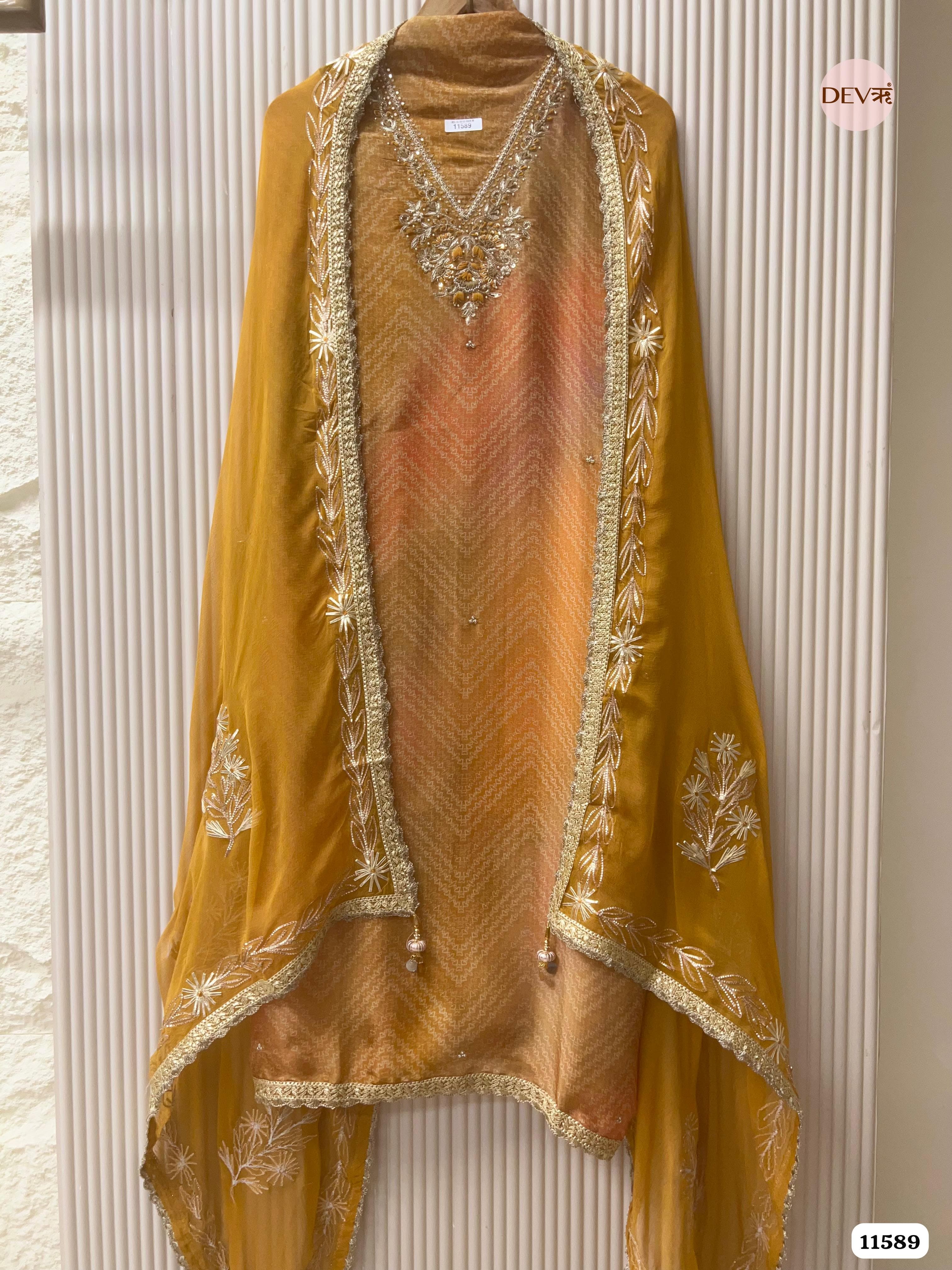 Mustard Yellow Pure Tissue Silk Printed Unstitched Hand Embroidered -Set Of 3 {11589}