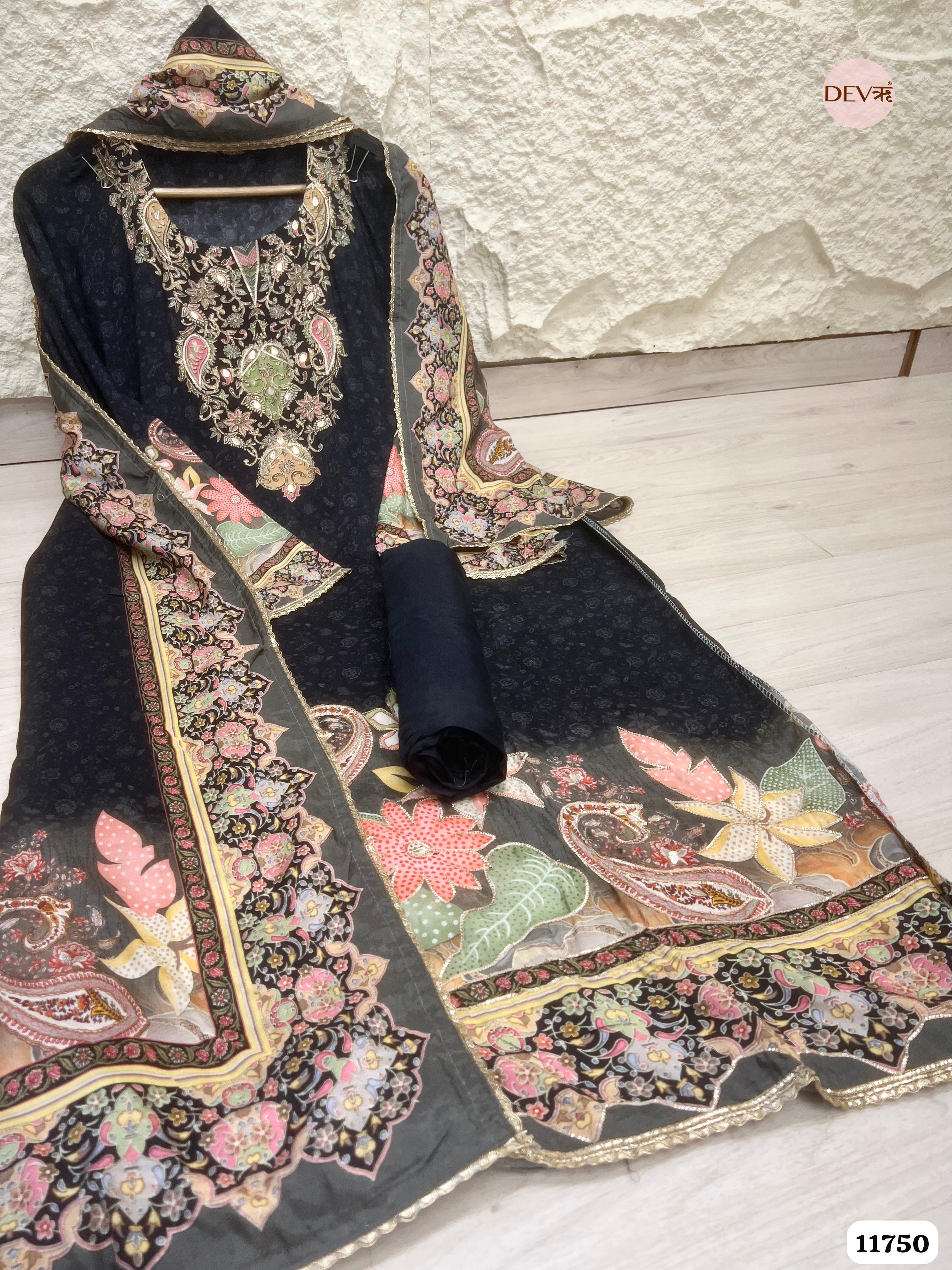 Black Muslin Semi Stitched Printed Hand Embroidered -Set Of 3- {11750}