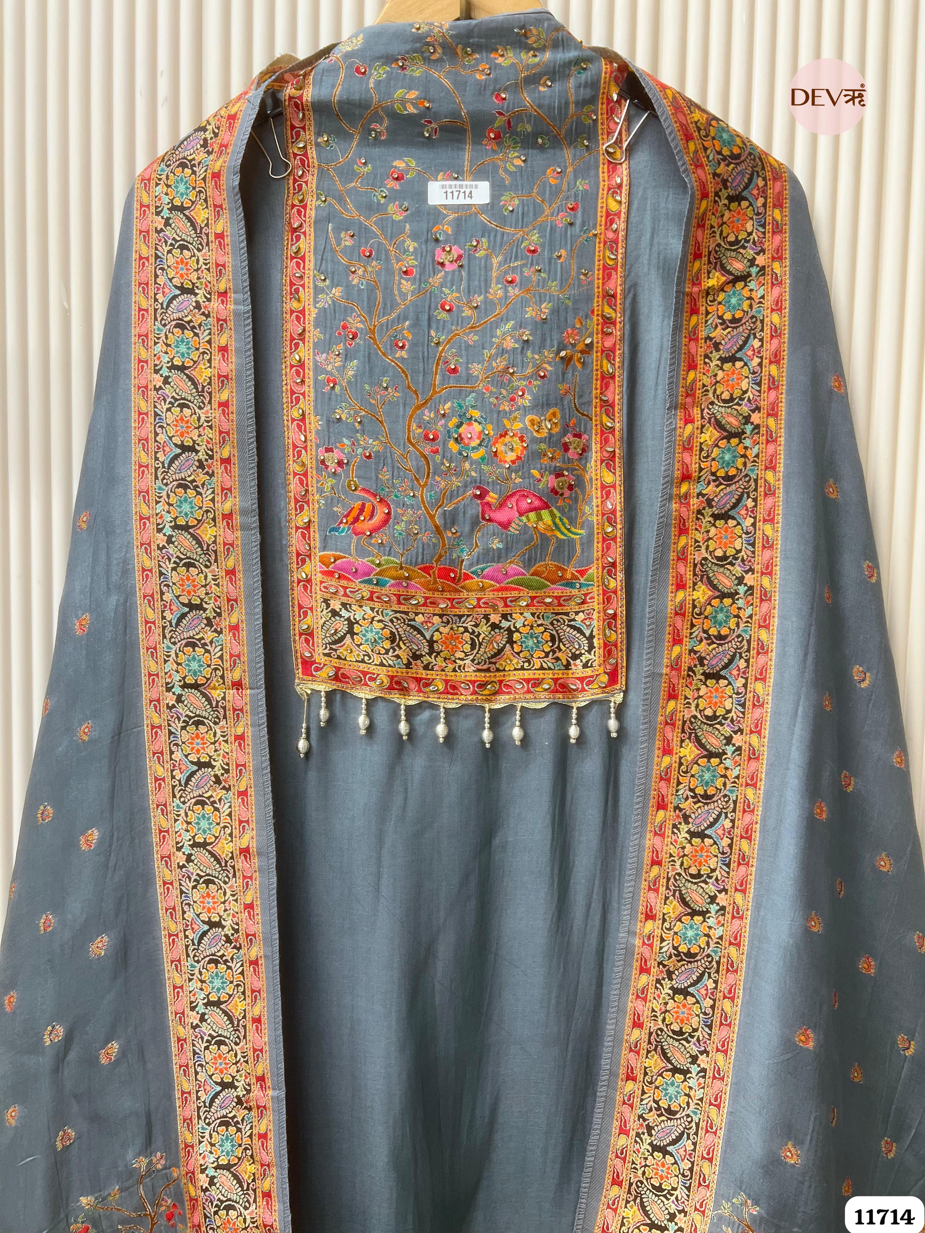 Grey Dola Silk Unstitched Banarasi Woven Hand Embroidered -Set Of 3- {11714}