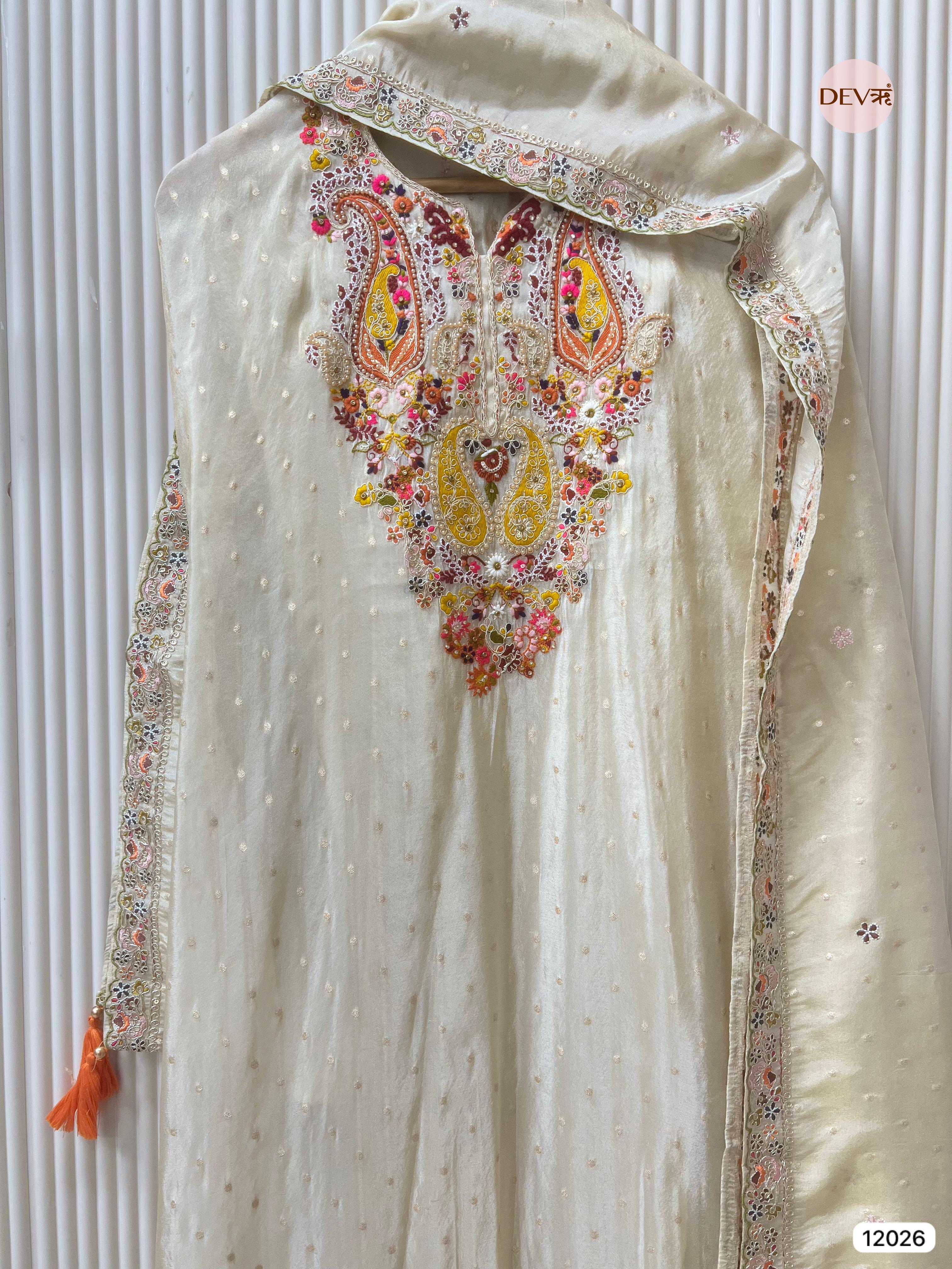 Cream Colour Tissue Shimmer Silk Unstitched Embroidered -Set Of 3 - {12026}