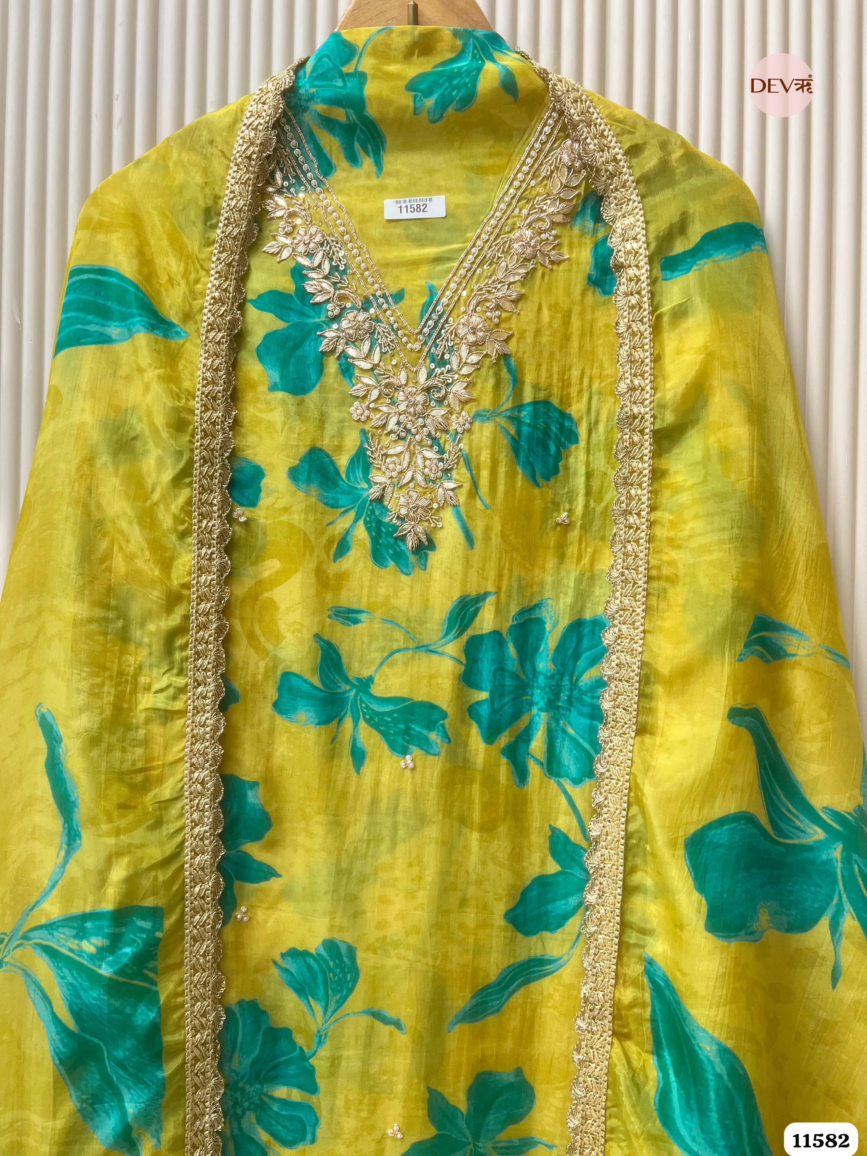 Yellow Pure Organza Silk Printed Unstitched Hand Embroidered -Set Of 3 {11582}