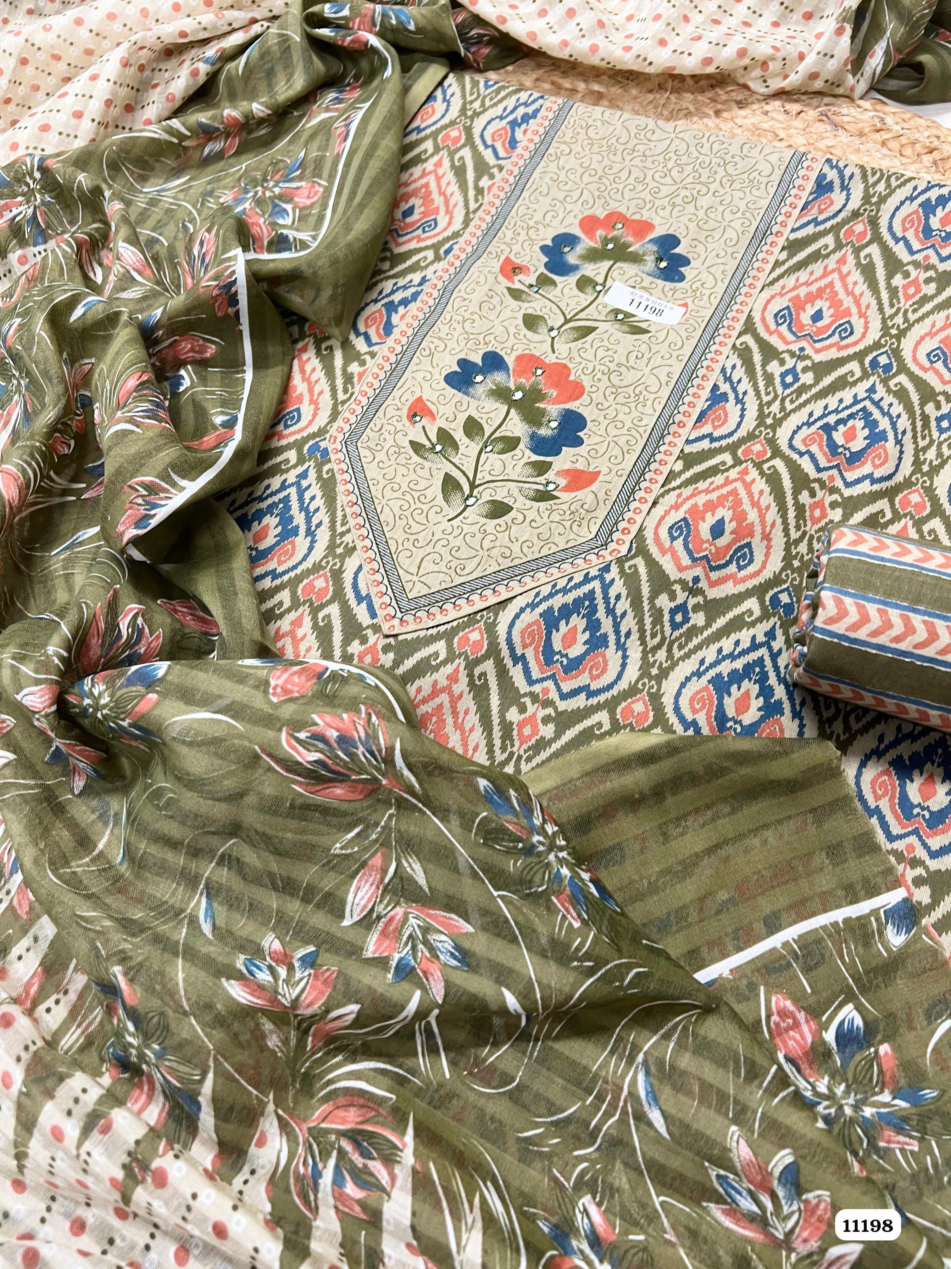 Green Cotton Unstitched Printed Hand Embidered -Set Of 3 {11198}