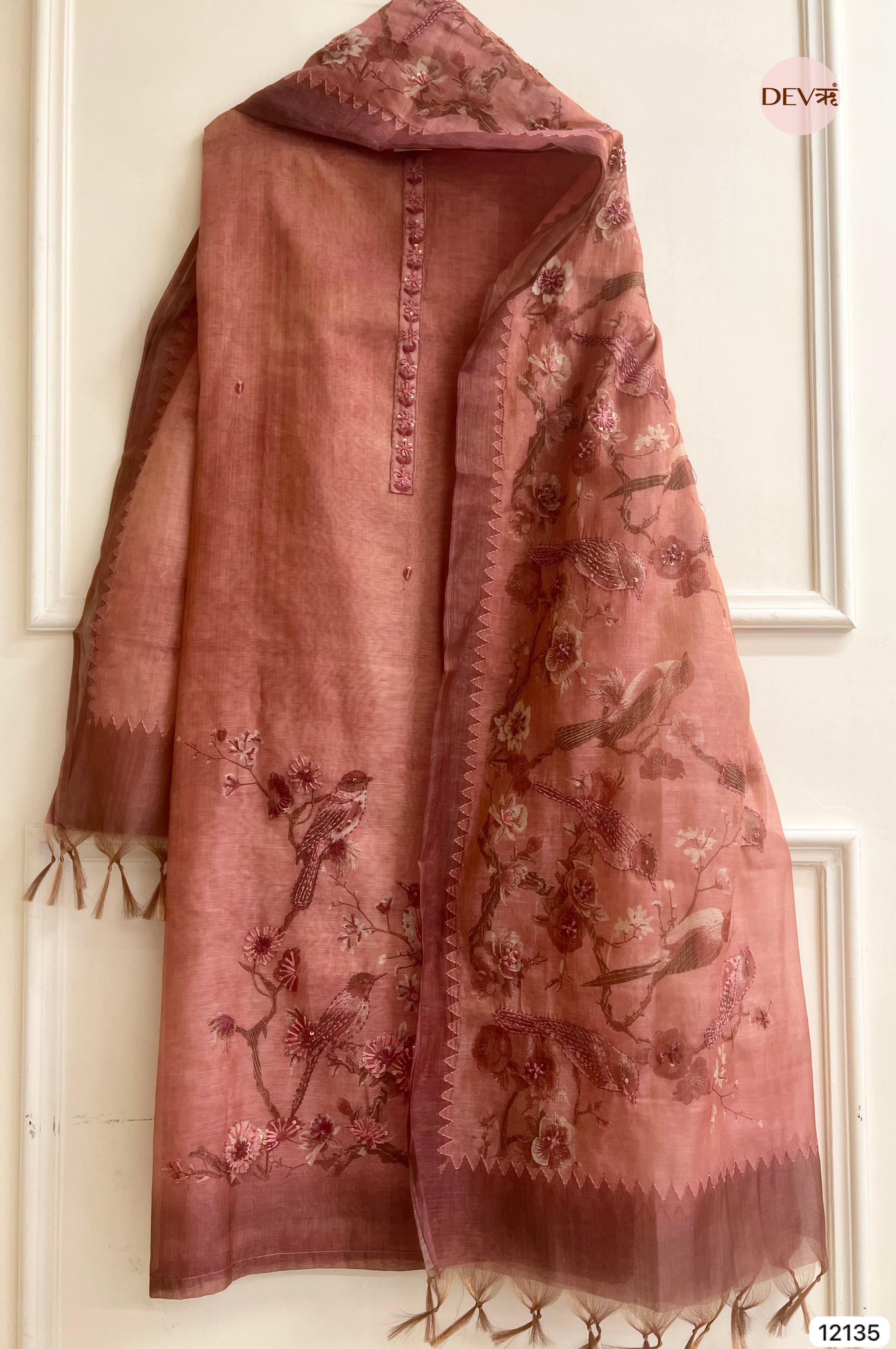 Rust Pure Soft jamdani linen Woven Unstitched -Set Of 3 - {12135}